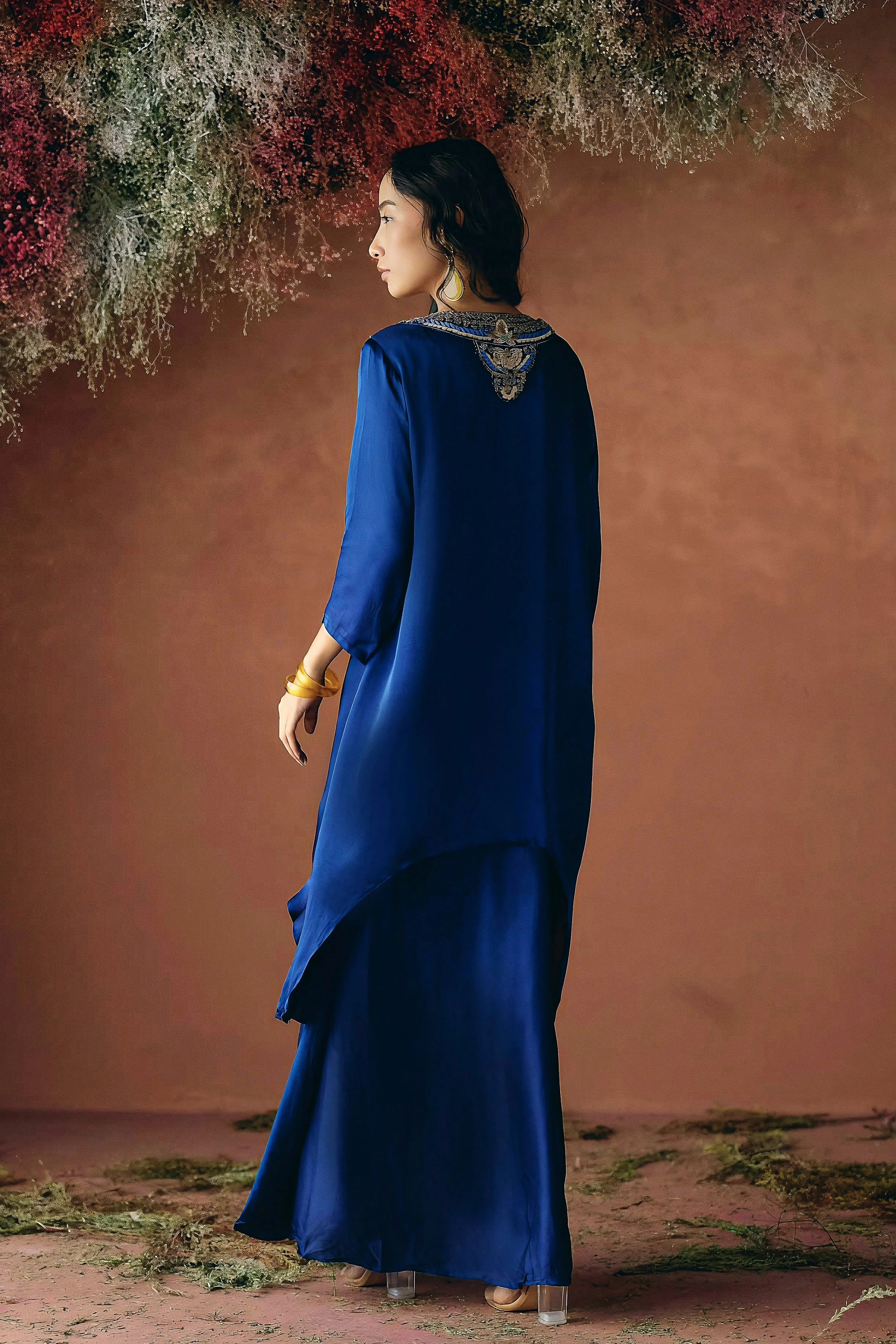Sapphire Blue Embellished Satin Silk Skirt Set - Image 6