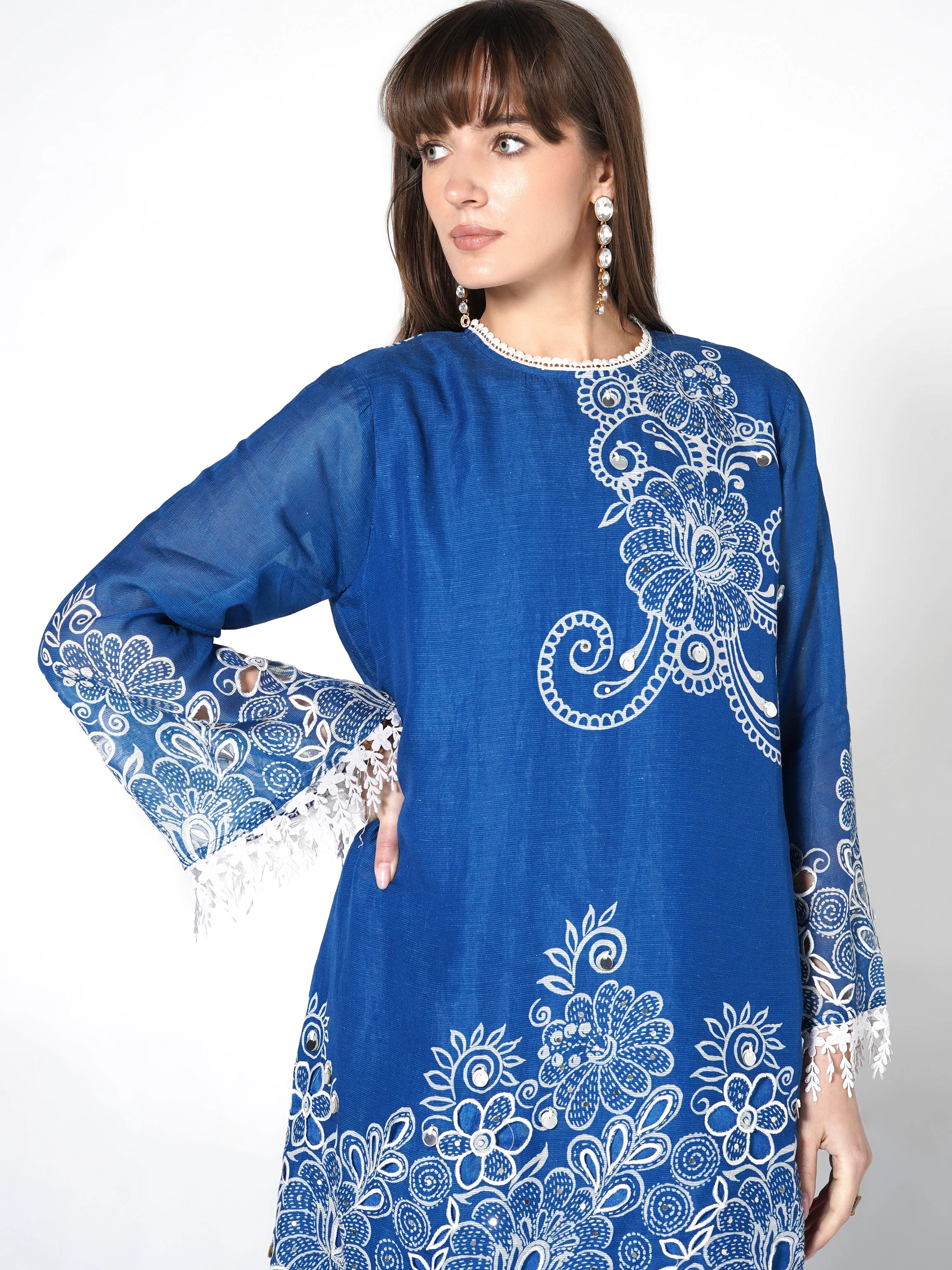 Sapphire Blue Printed Linen Silk Co-Ord Set - Image 2