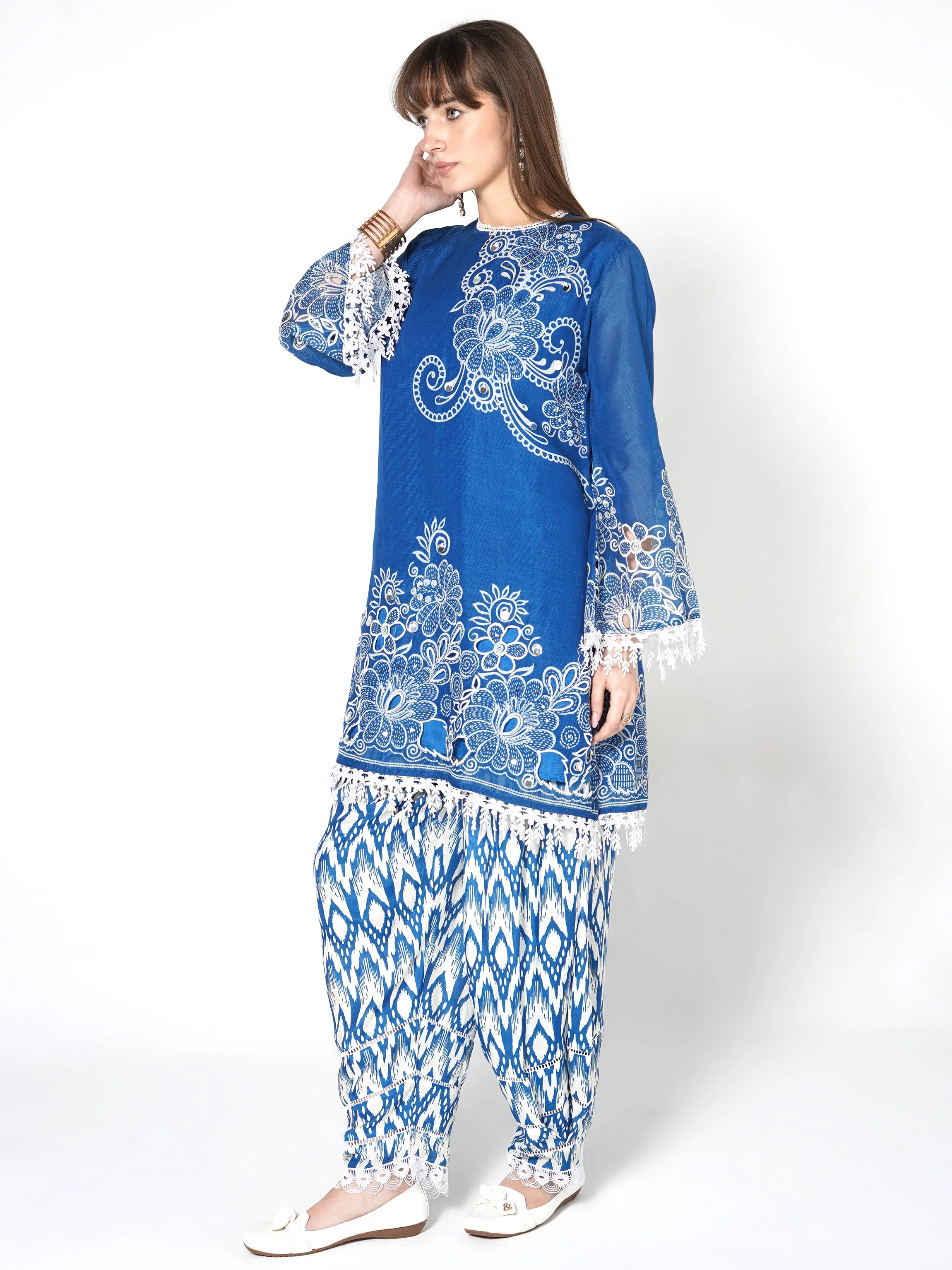Sapphire Blue Printed Linen Silk Co-Ord Set - Image 3