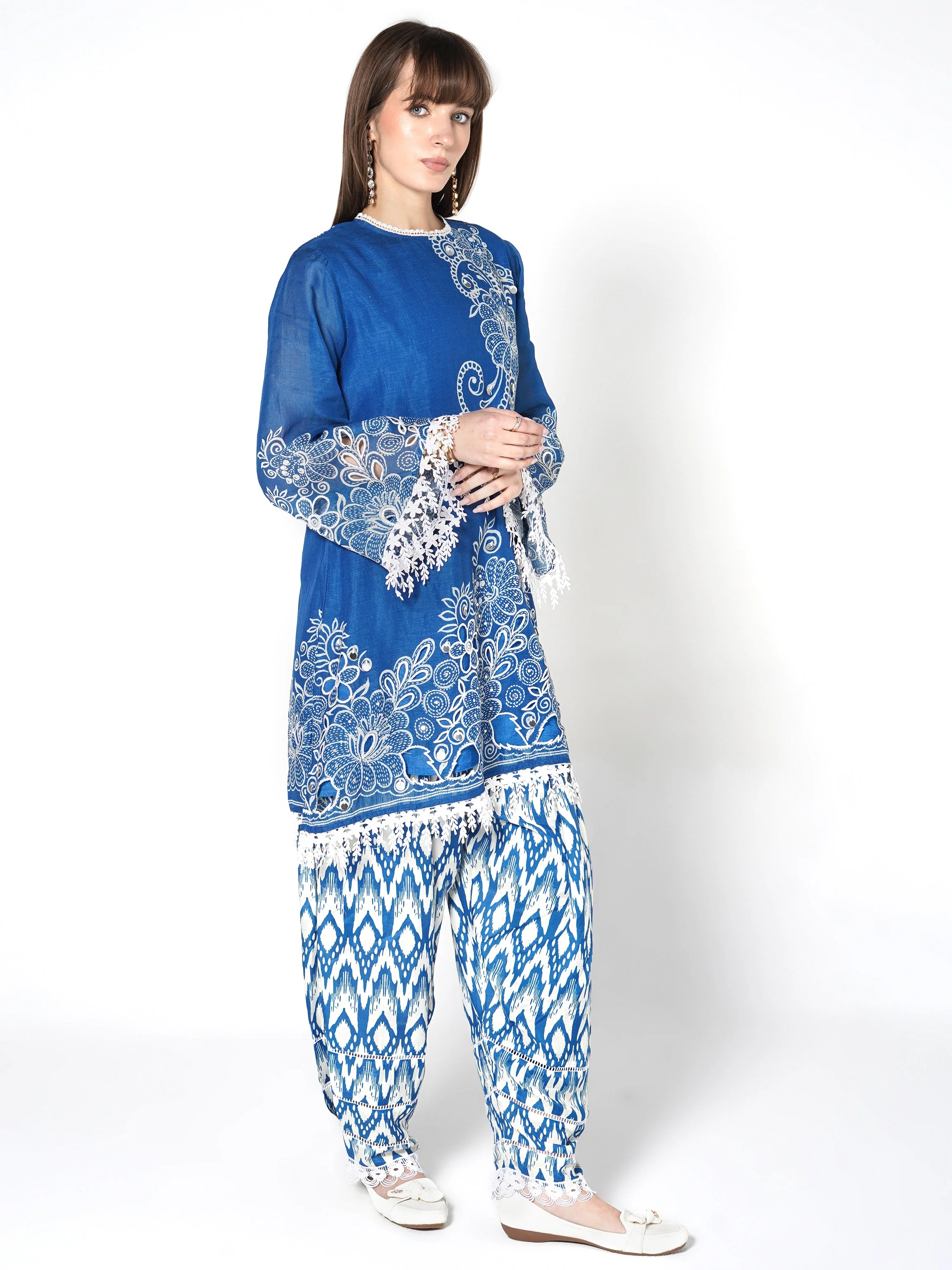 Sapphire Blue Printed Linen Silk Co-Ord Set - Image 5