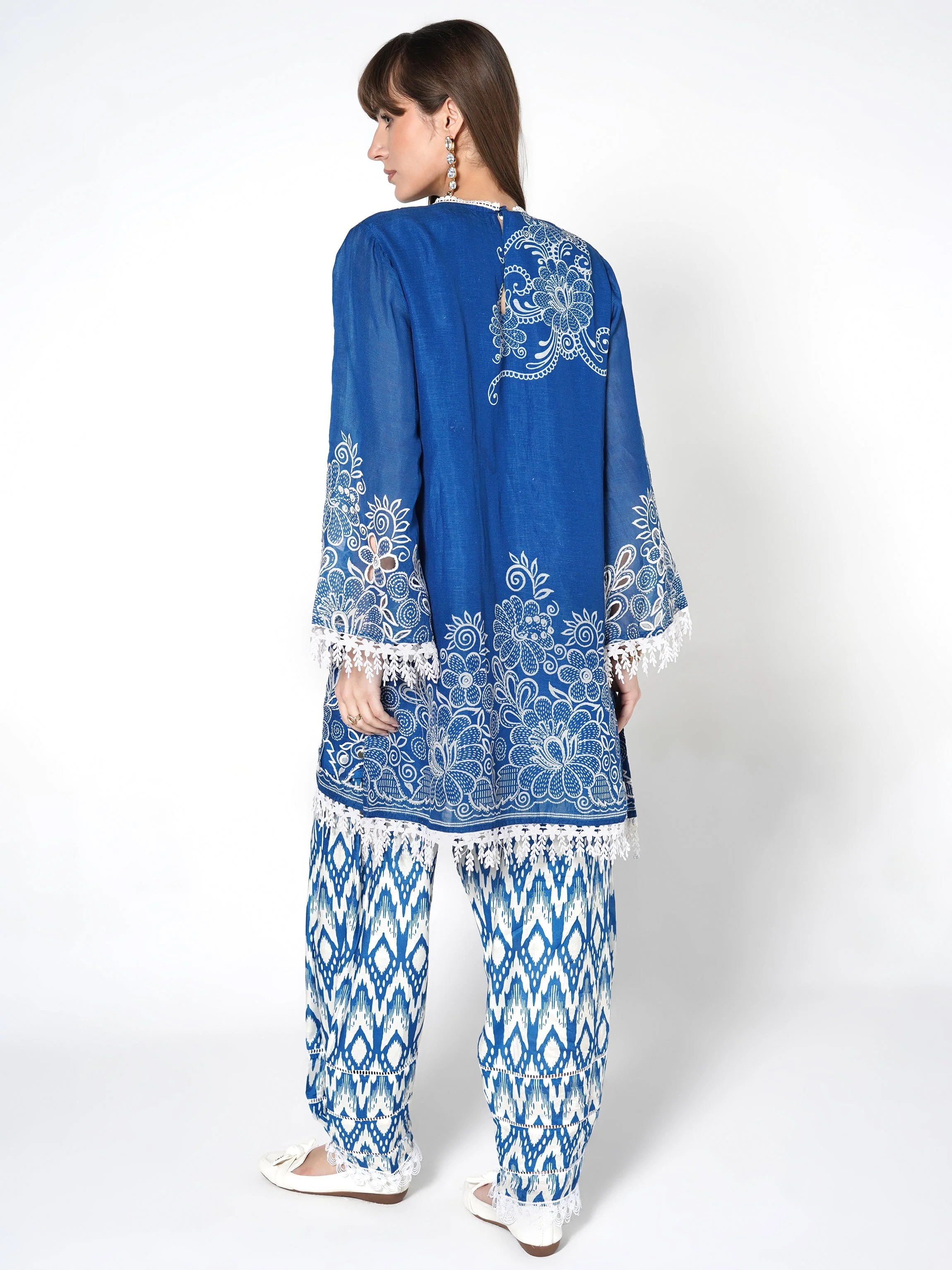 Sapphire Blue Printed Linen Silk Co-Ord Set - Image 6