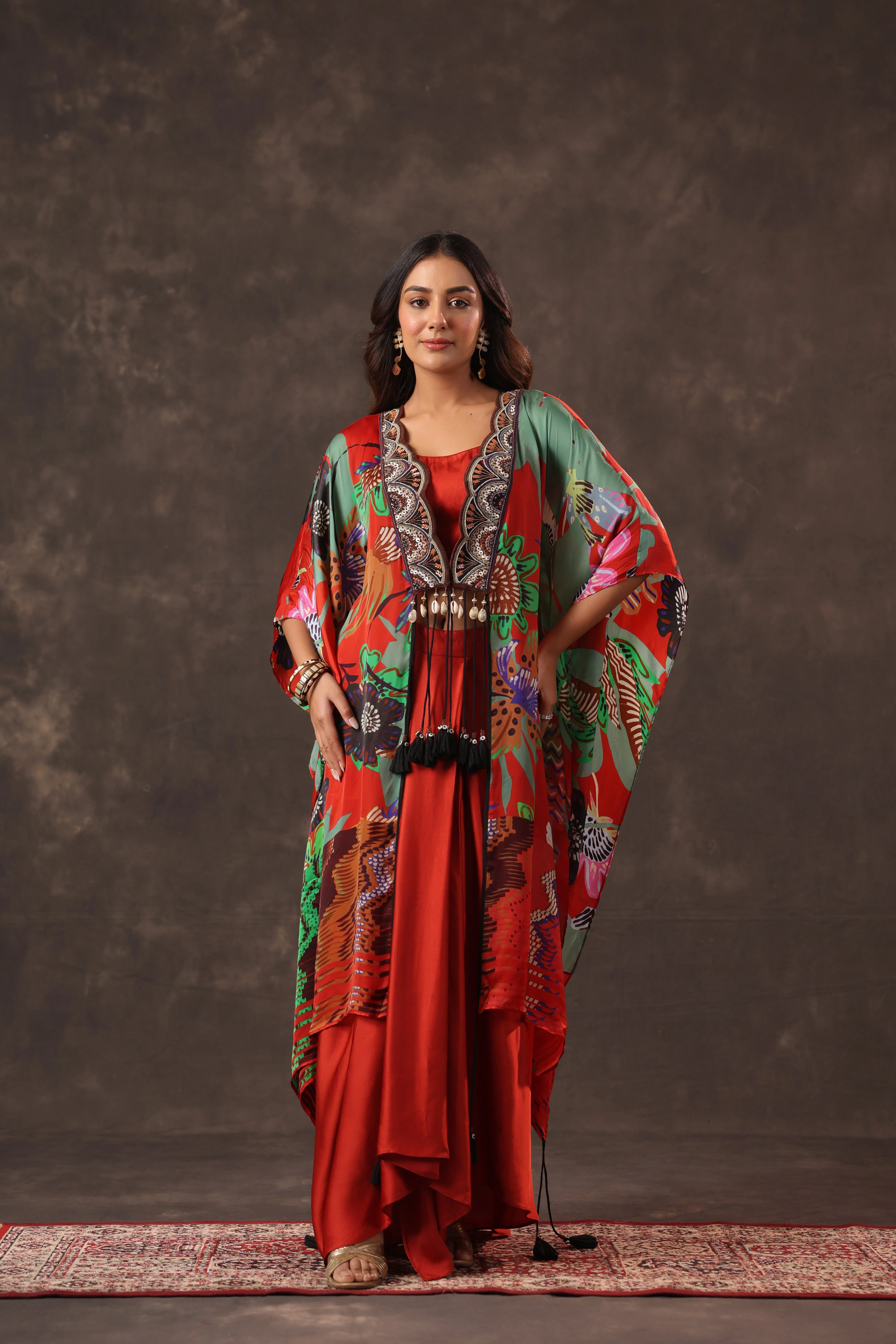 Scarlet Botanical Printed Satin Silk Cape Set