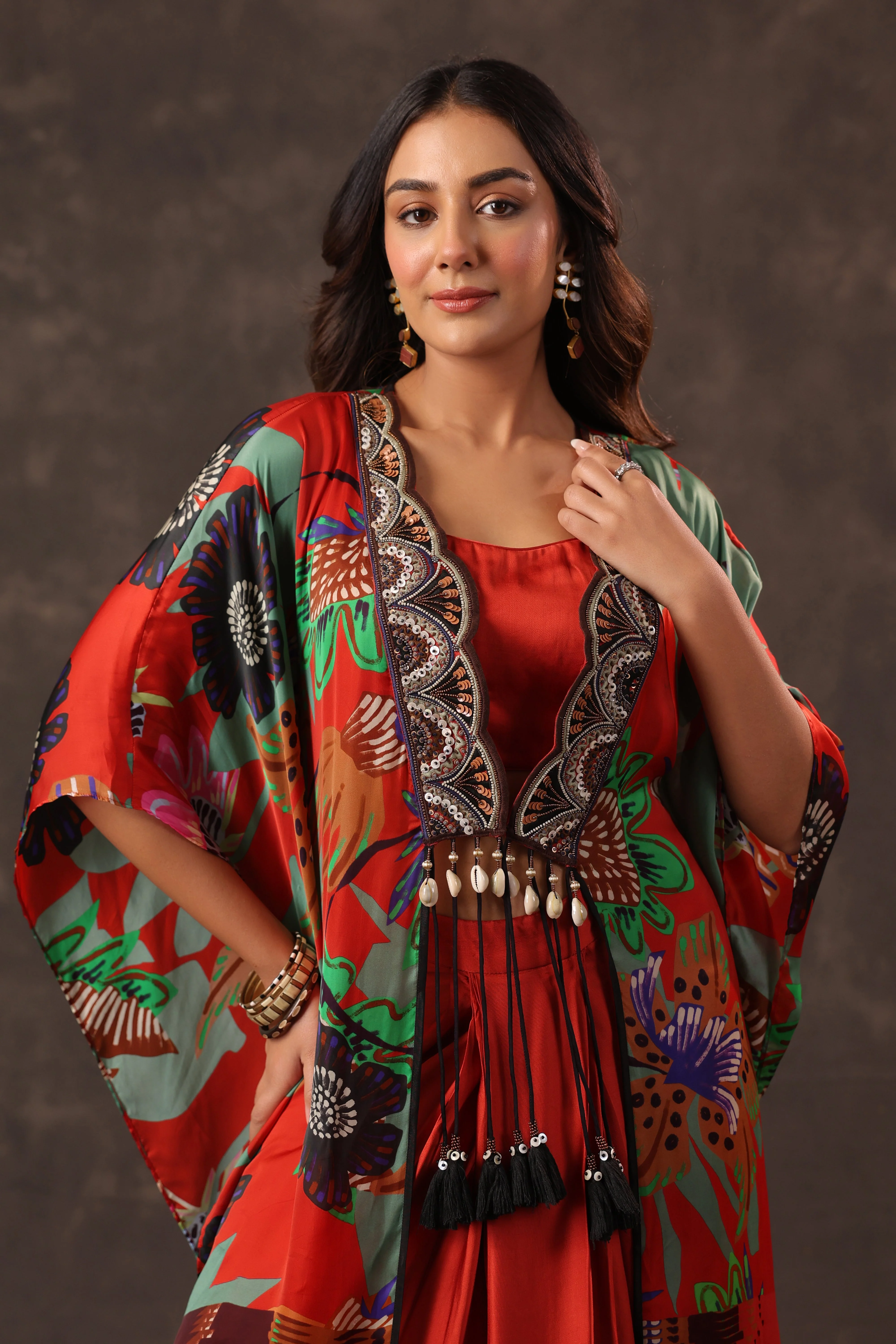 Scarlet Botanical Printed Satin Silk Cape Set - Image 2