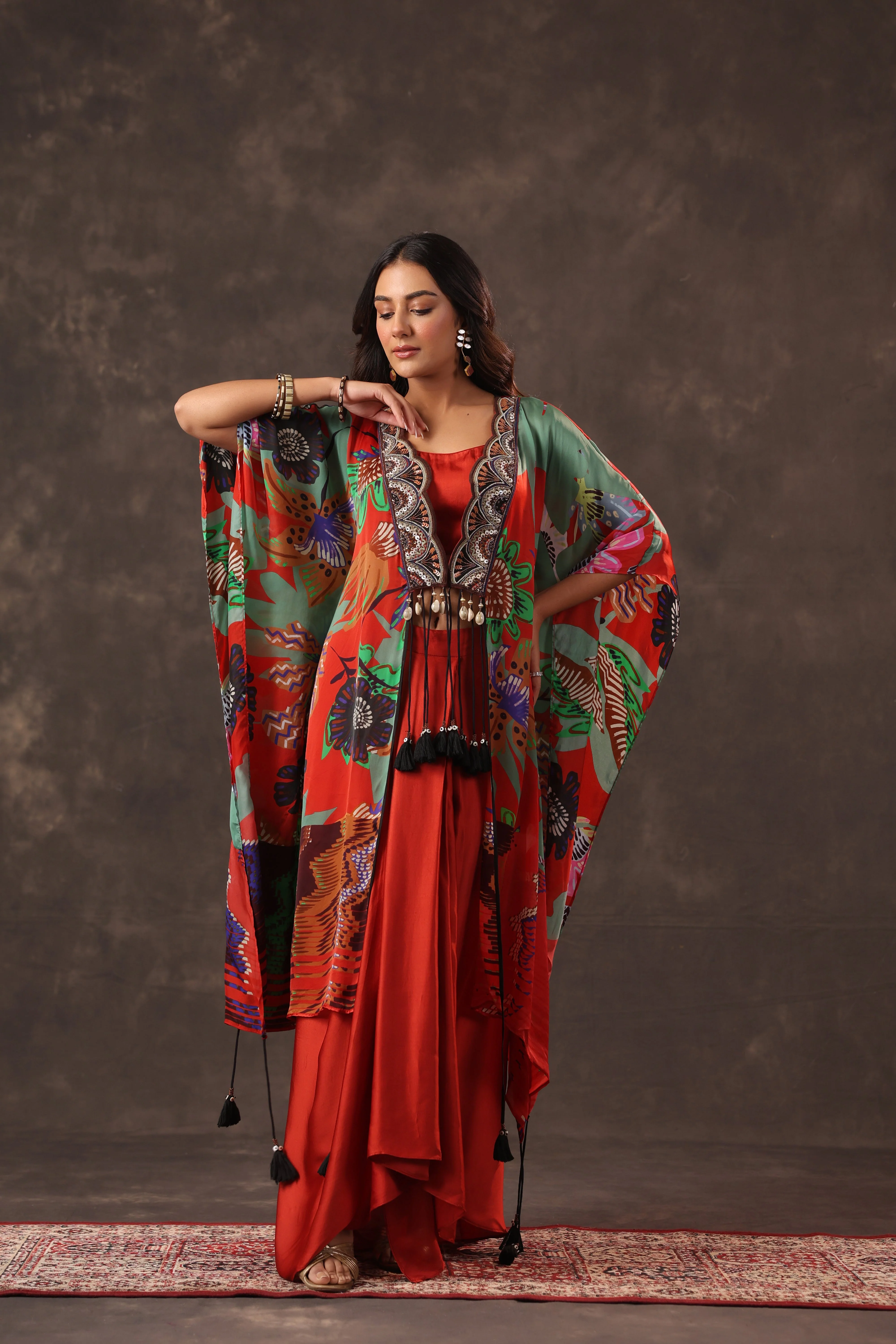 Scarlet Botanical Printed Satin Silk Cape Set - Image 3