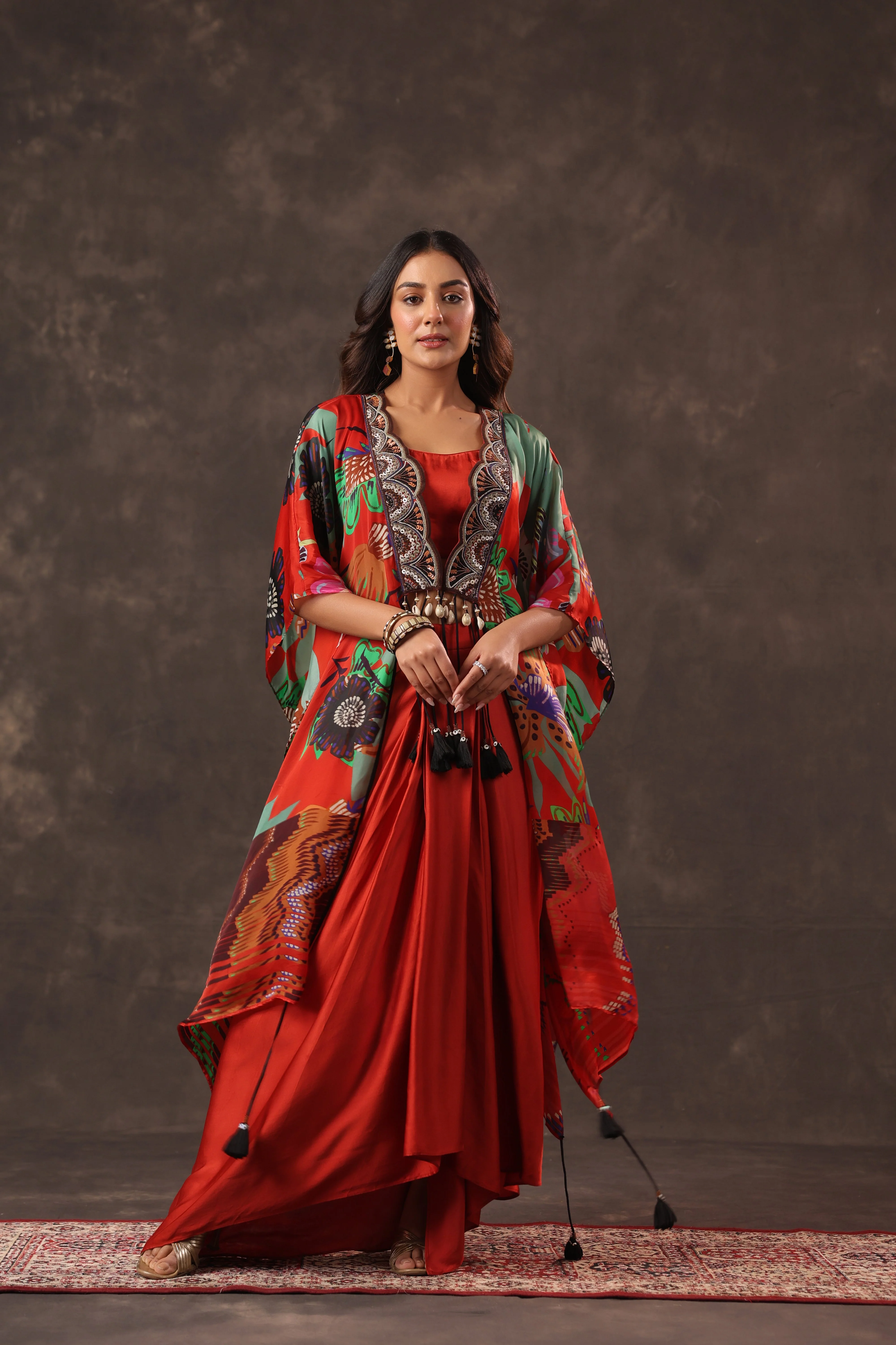 Scarlet Botanical Printed Satin Silk Cape Set - Image 4
