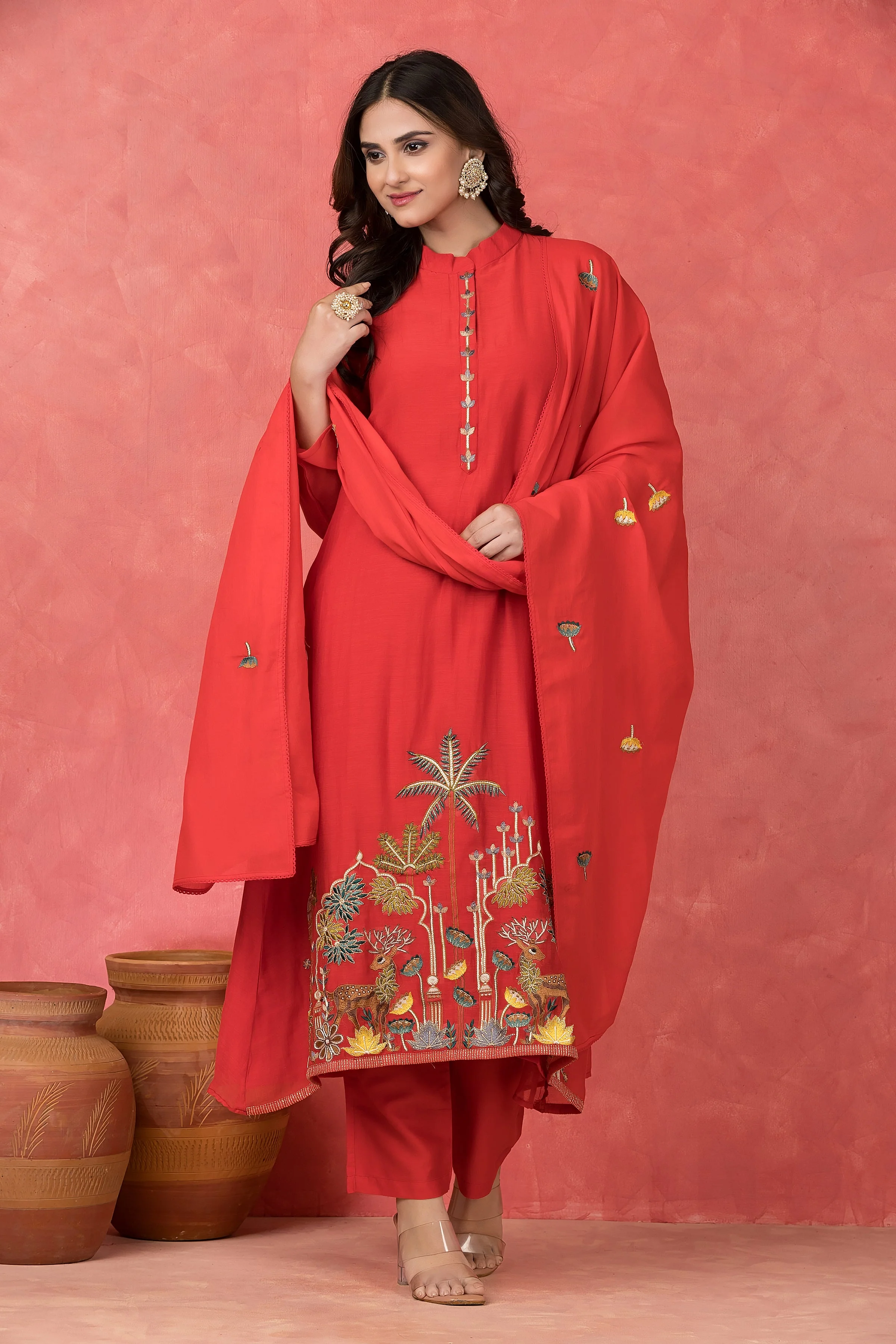 Scarlet Embroidered Mul Chanderi Silk Pant Set