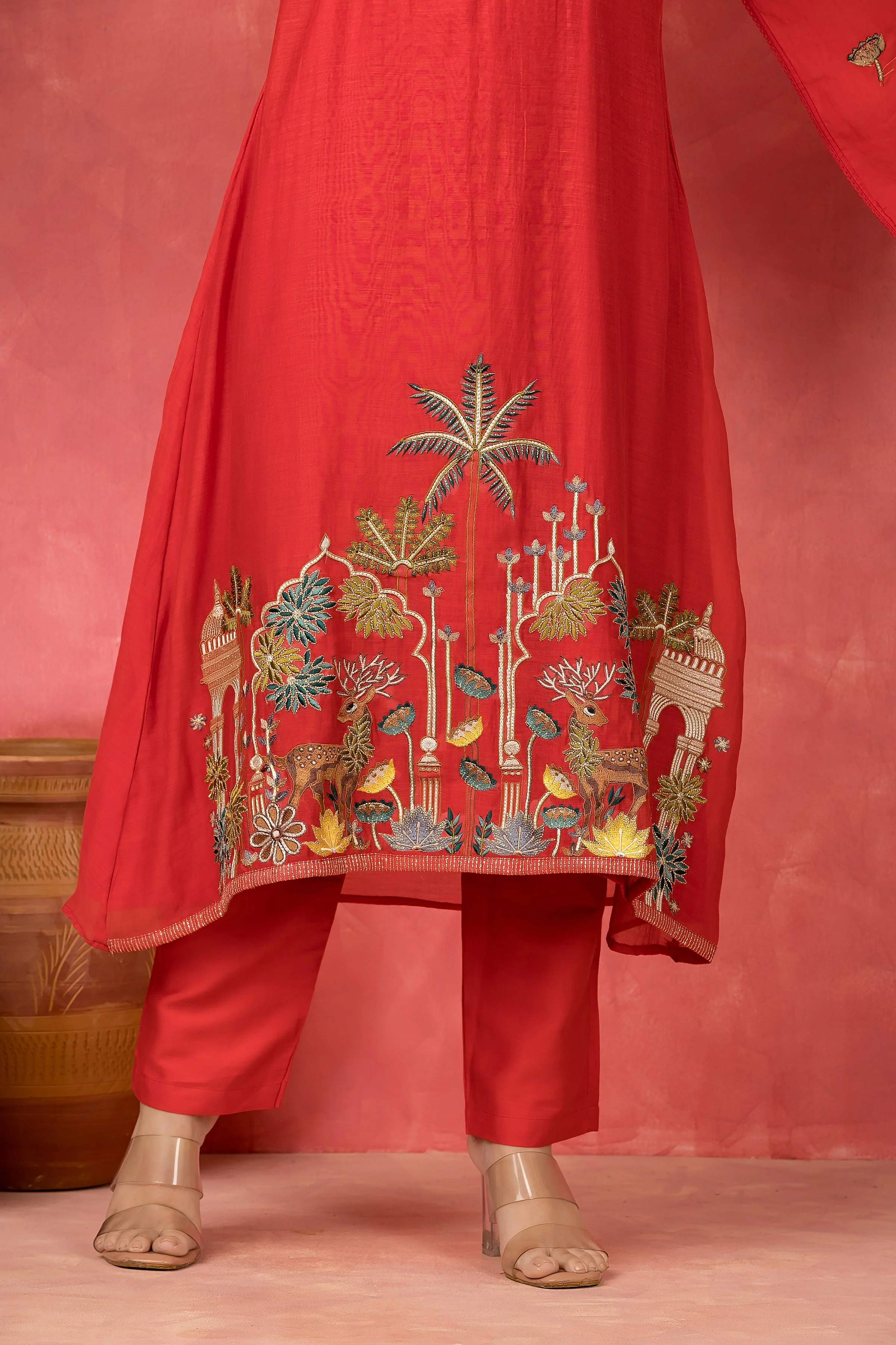 Scarlet Embroidered Mul Chanderi Silk Pant Set - Image 2