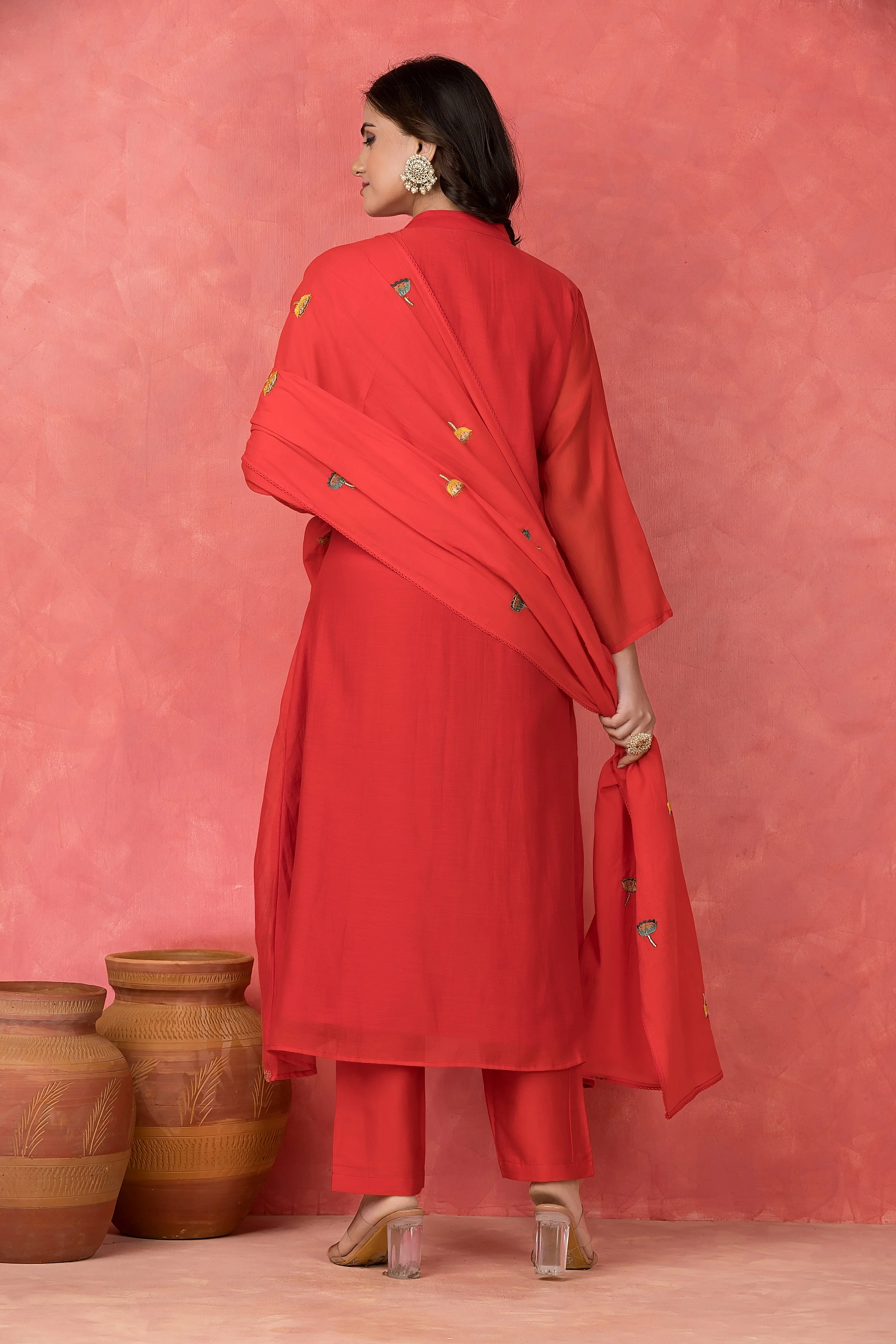 Scarlet Embroidered Mul Chanderi Silk Pant Set - Image 3