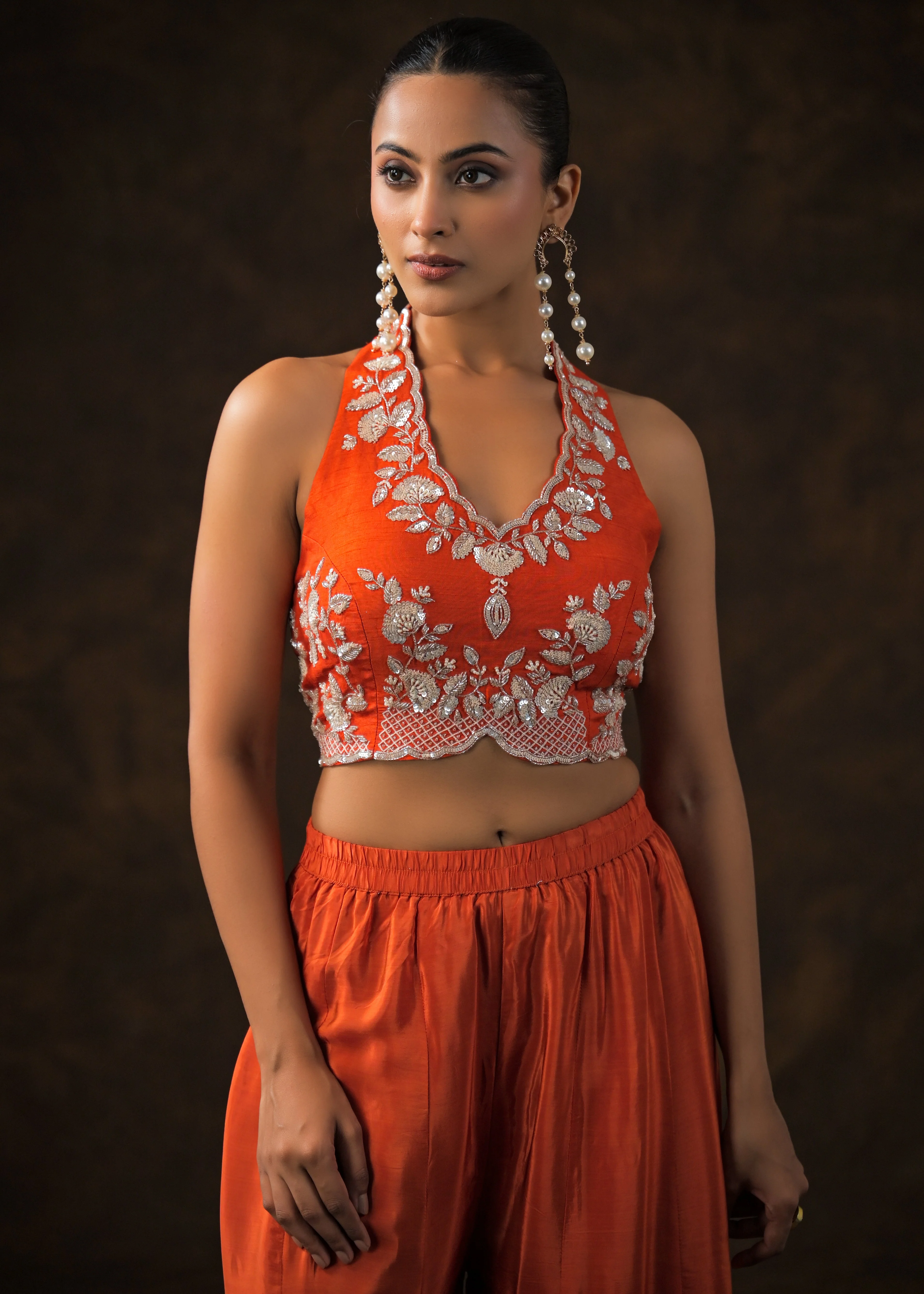 Scarlet Orange Embellished Satin Silk Palazzo Set - Image 3
