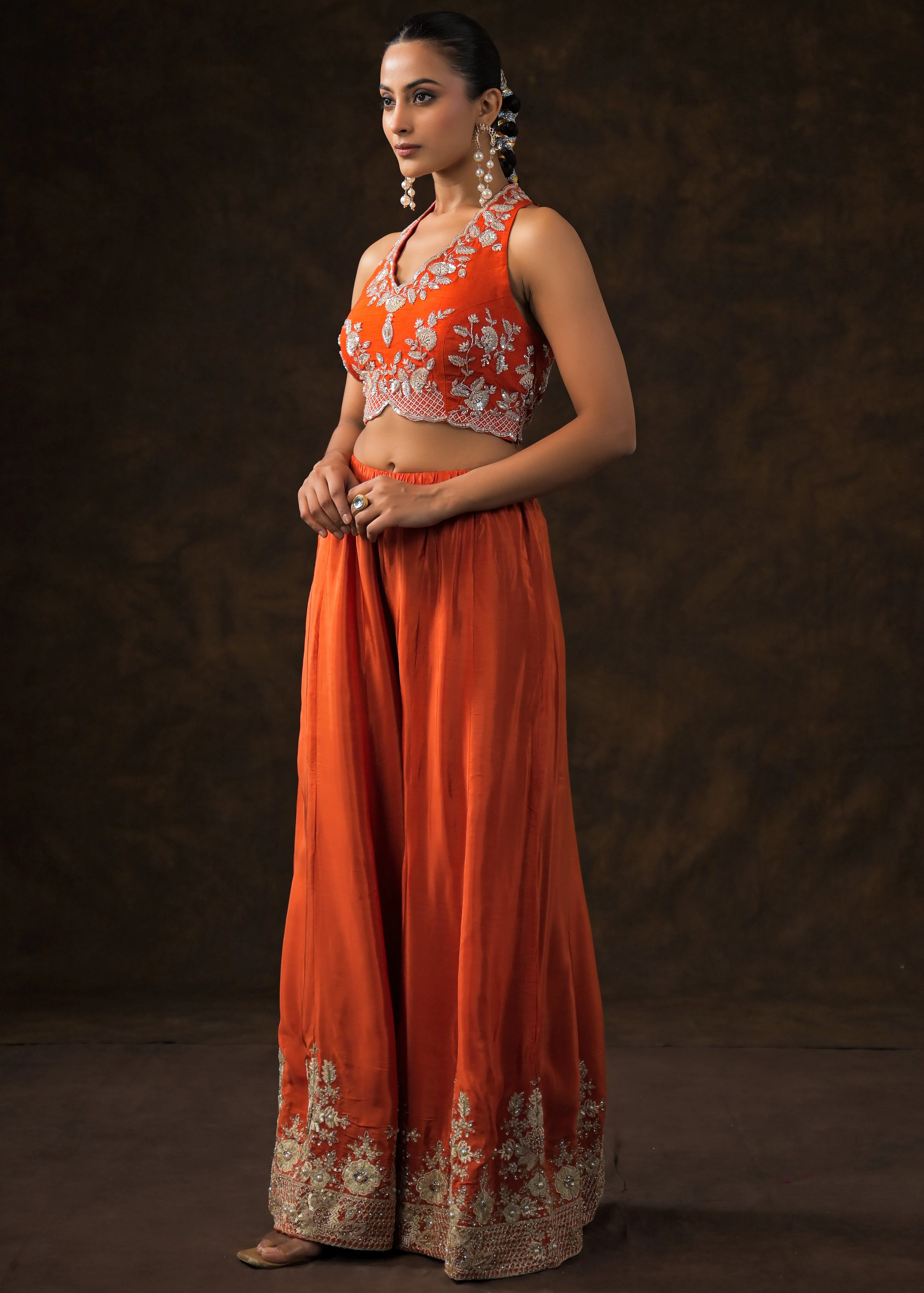 Scarlet Orange Embellished Satin Silk Palazzo Set - Image 4