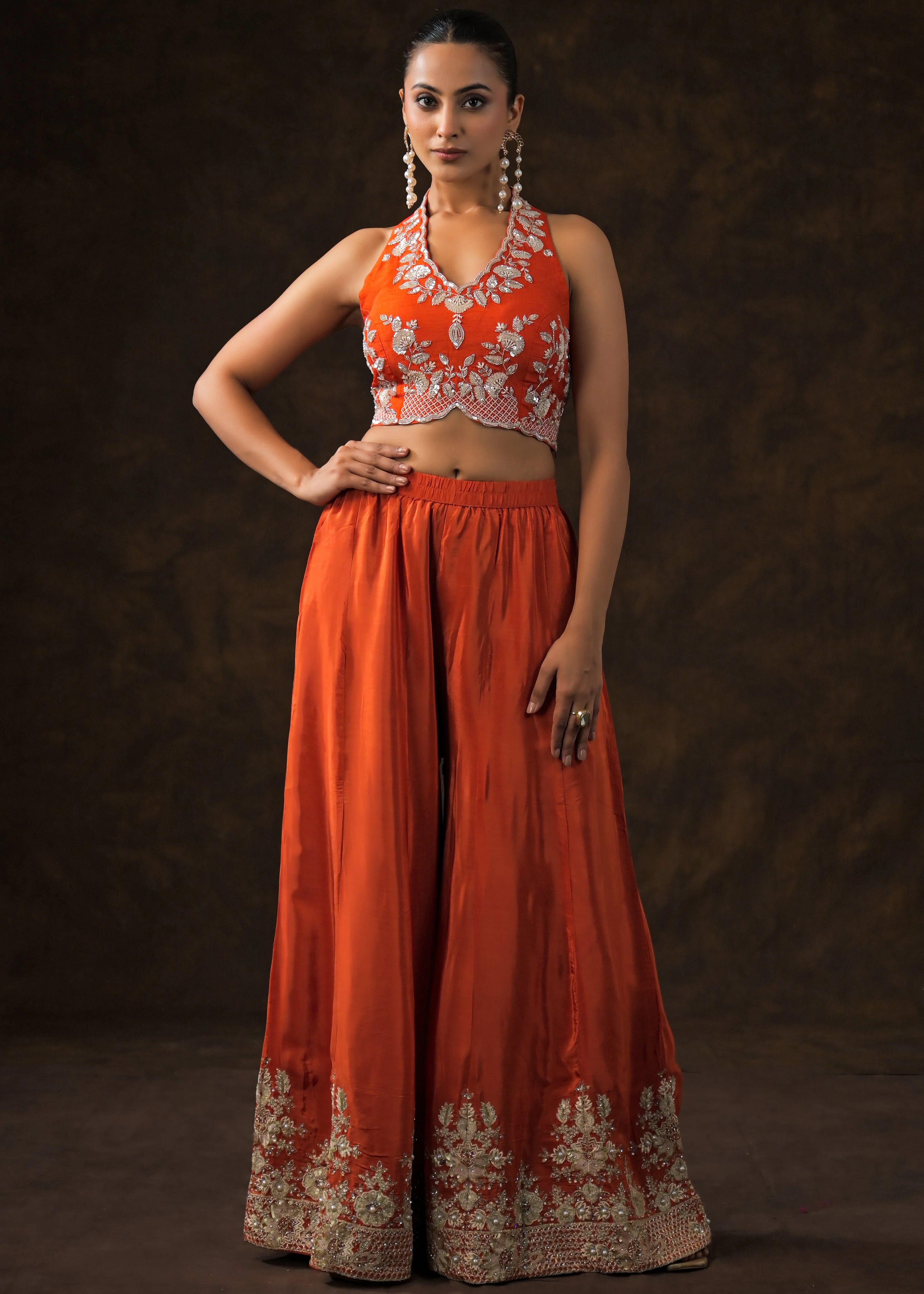 Scarlet Orange Embellished Satin Silk Palazzo Set - Image 5