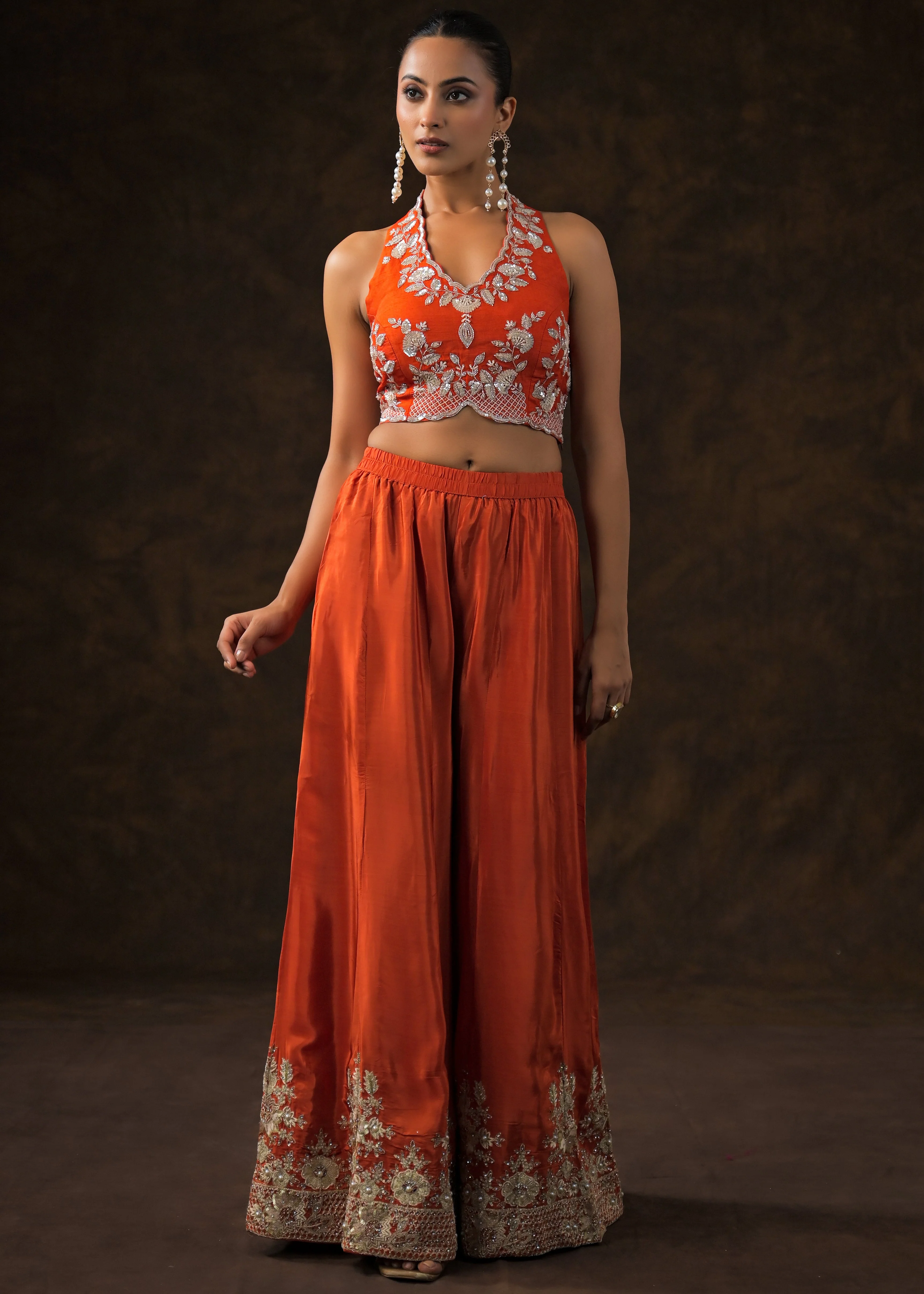 Scarlet Orange Embellished Satin Silk Palazzo Set - Image 6
