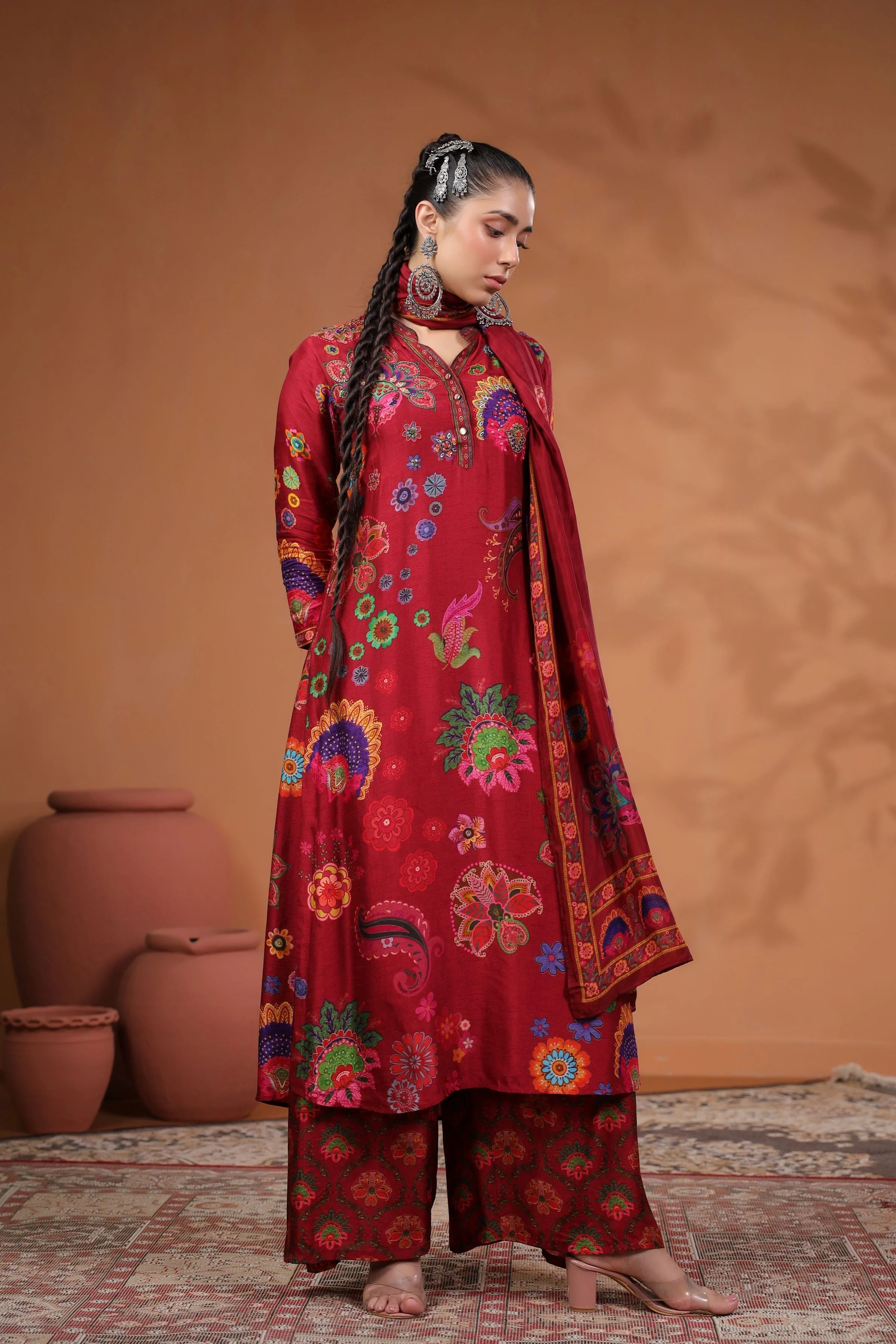 Scarlet Red Traditional Printed Kurta Set - Image 3