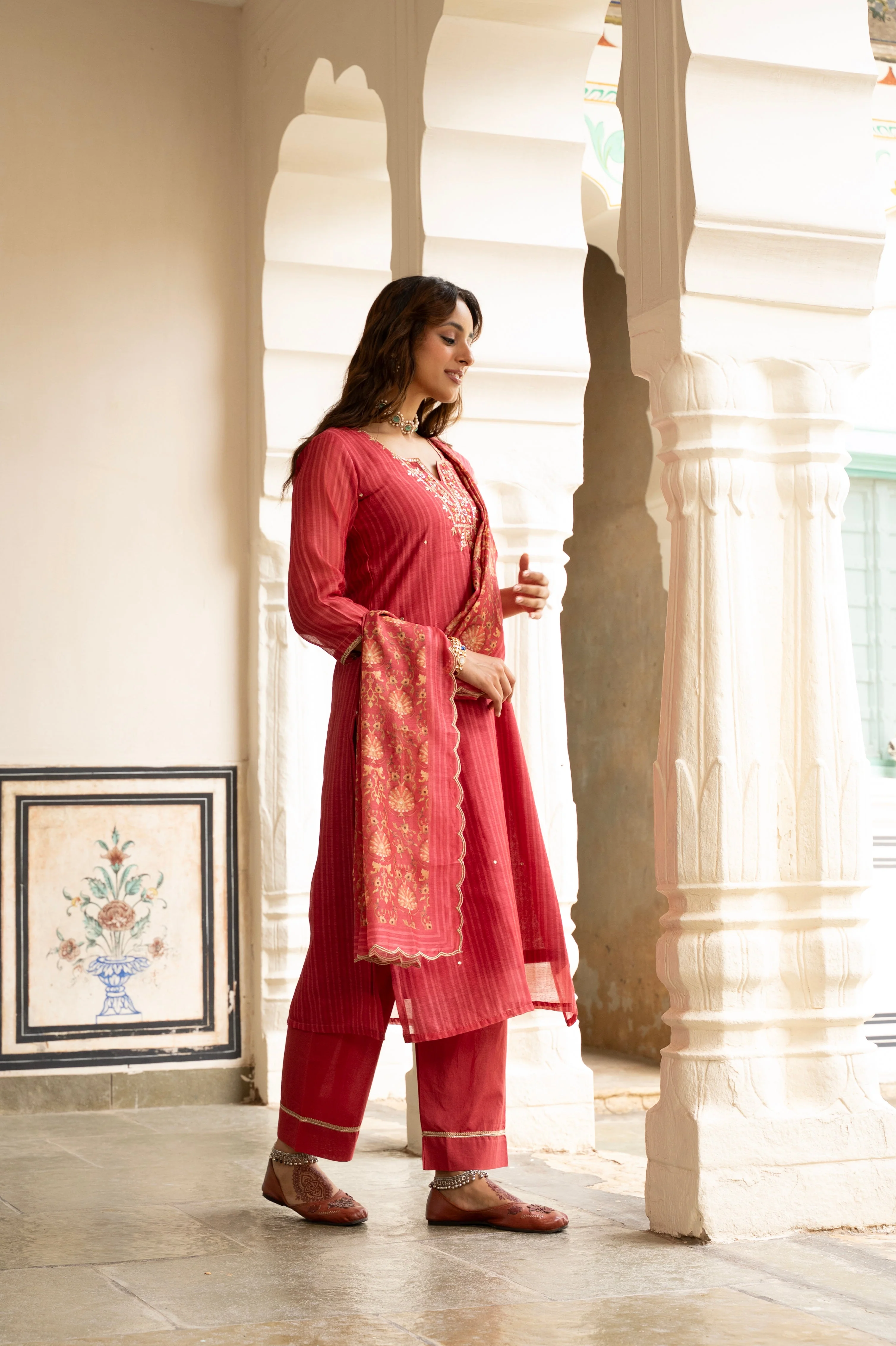 Scarlet Red Embellished Chanderi Silk Pant Set - Image 3