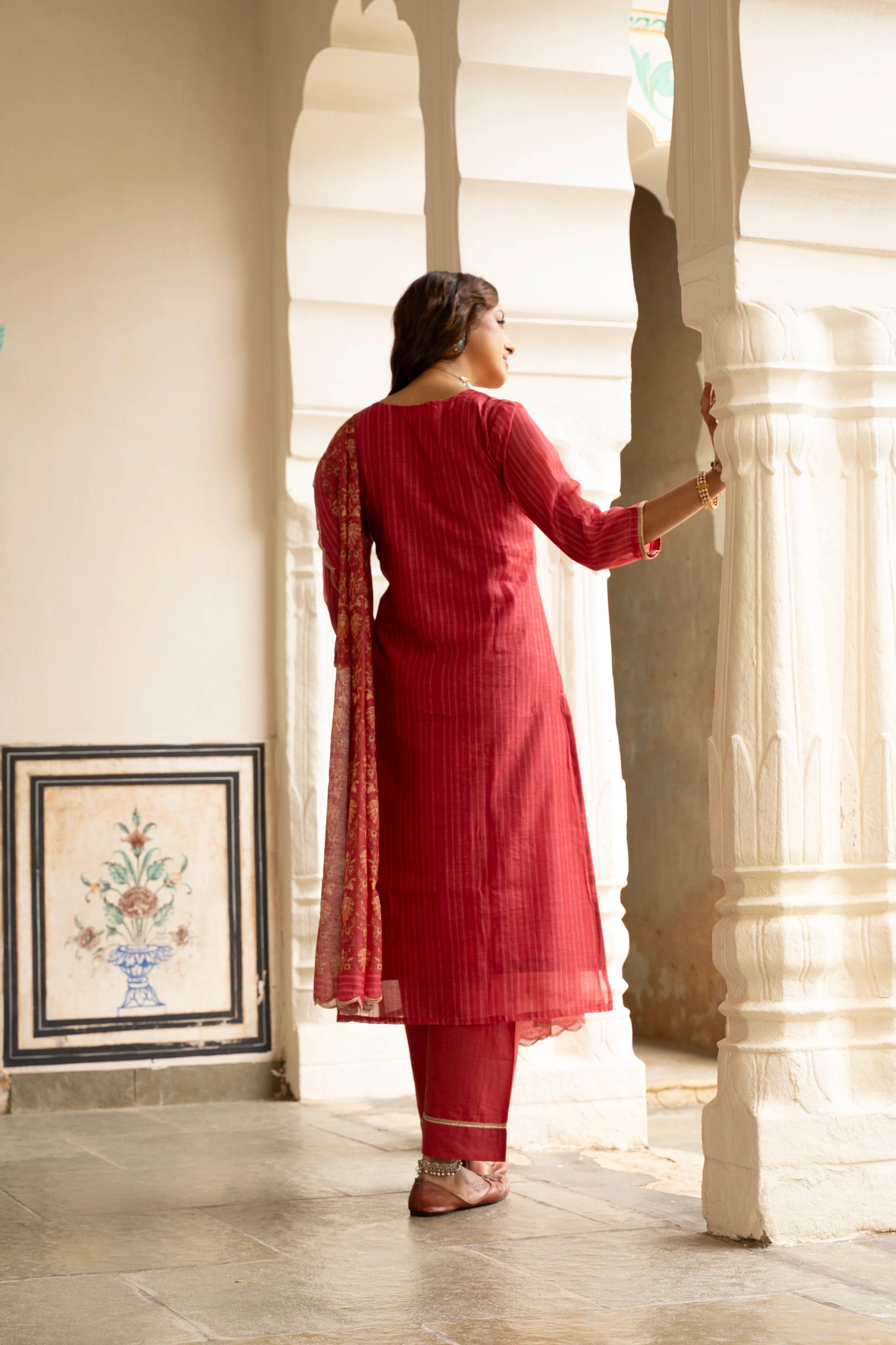 Scarlet Red Embellished Chanderi Silk Pant Set - Image 4