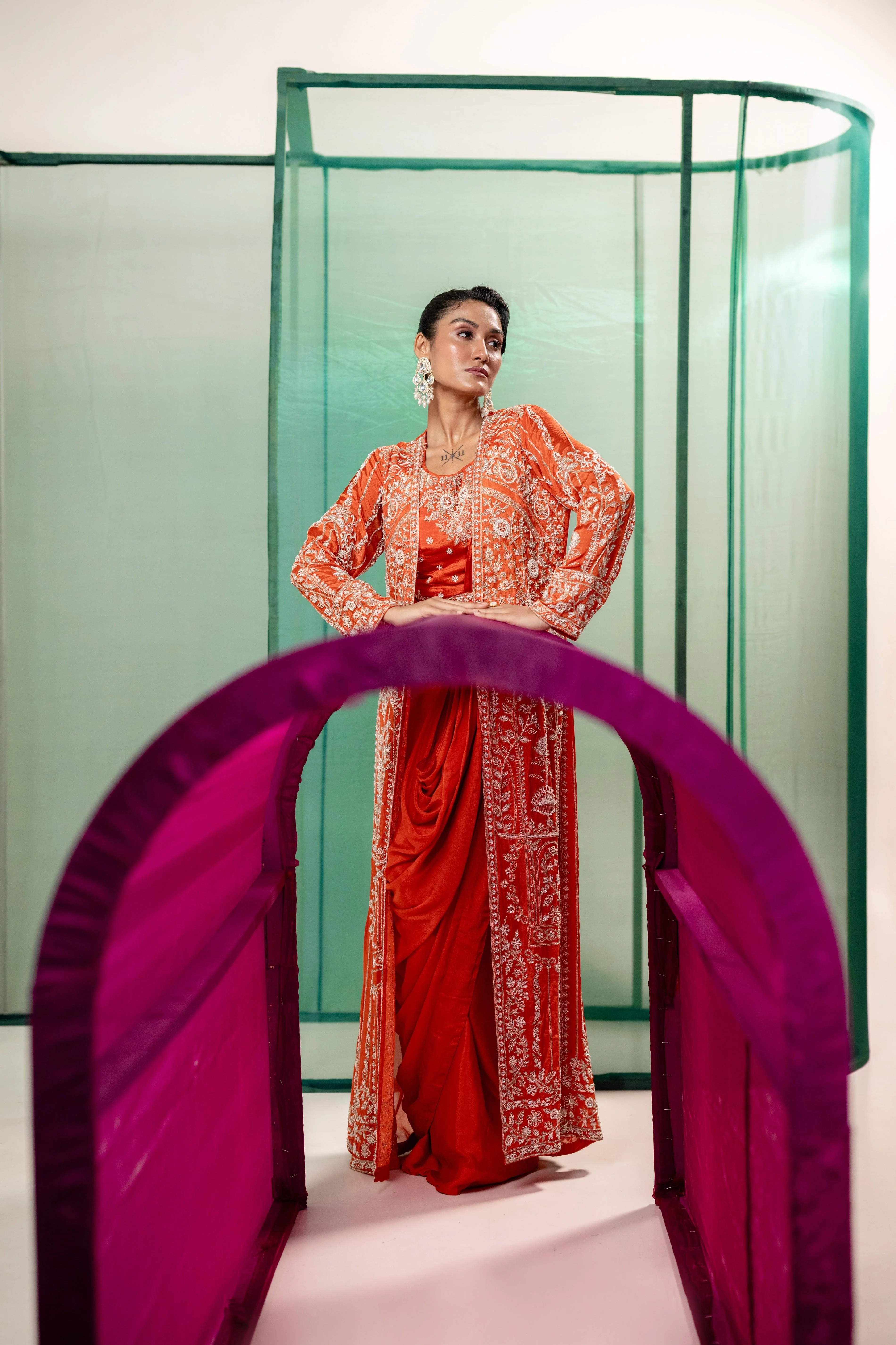 Bright Orange Embellished Chinon Silk Long Shrug - Image 2