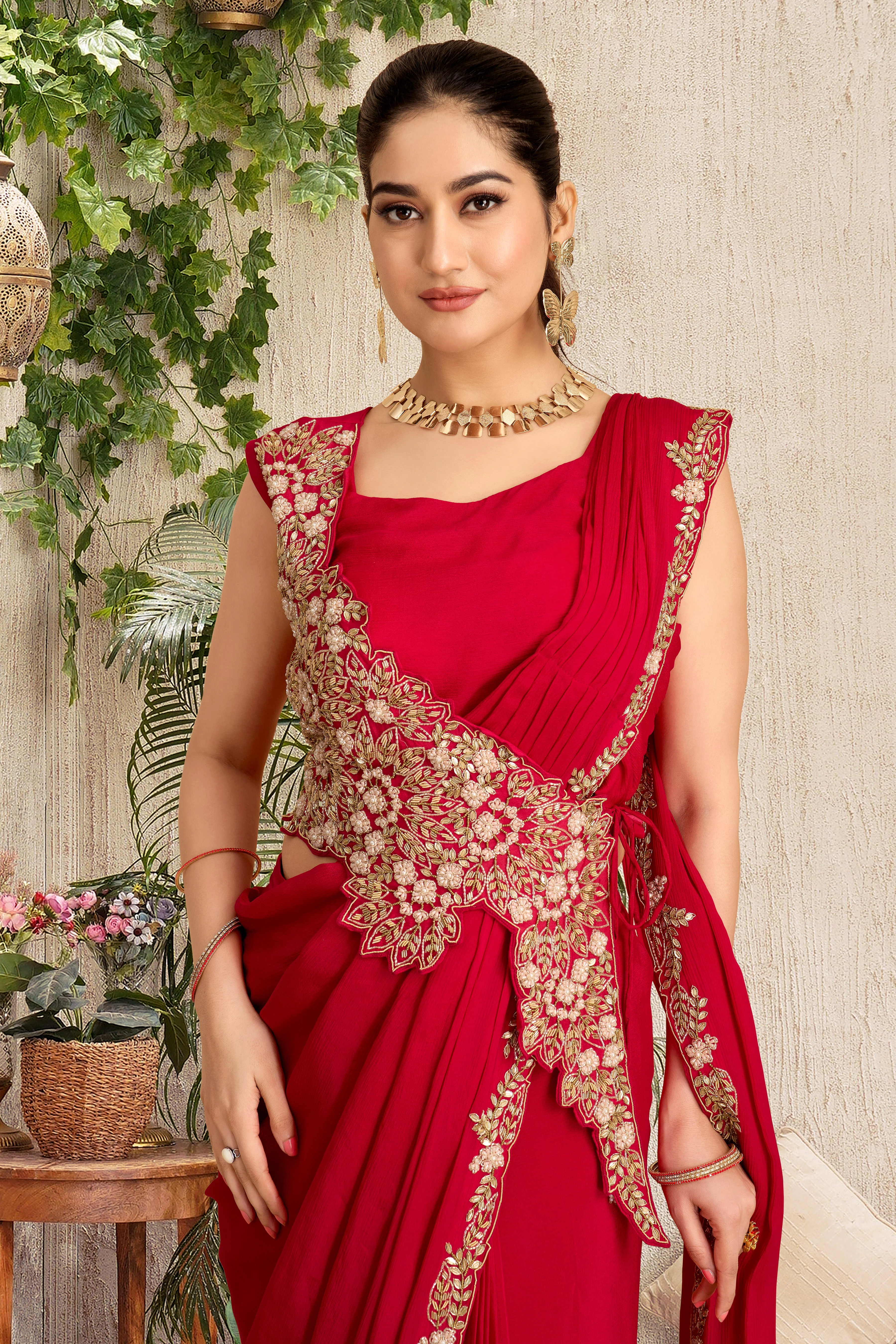 Scarlet Red Embellished Chinon Silk Drape Saree - Image 2