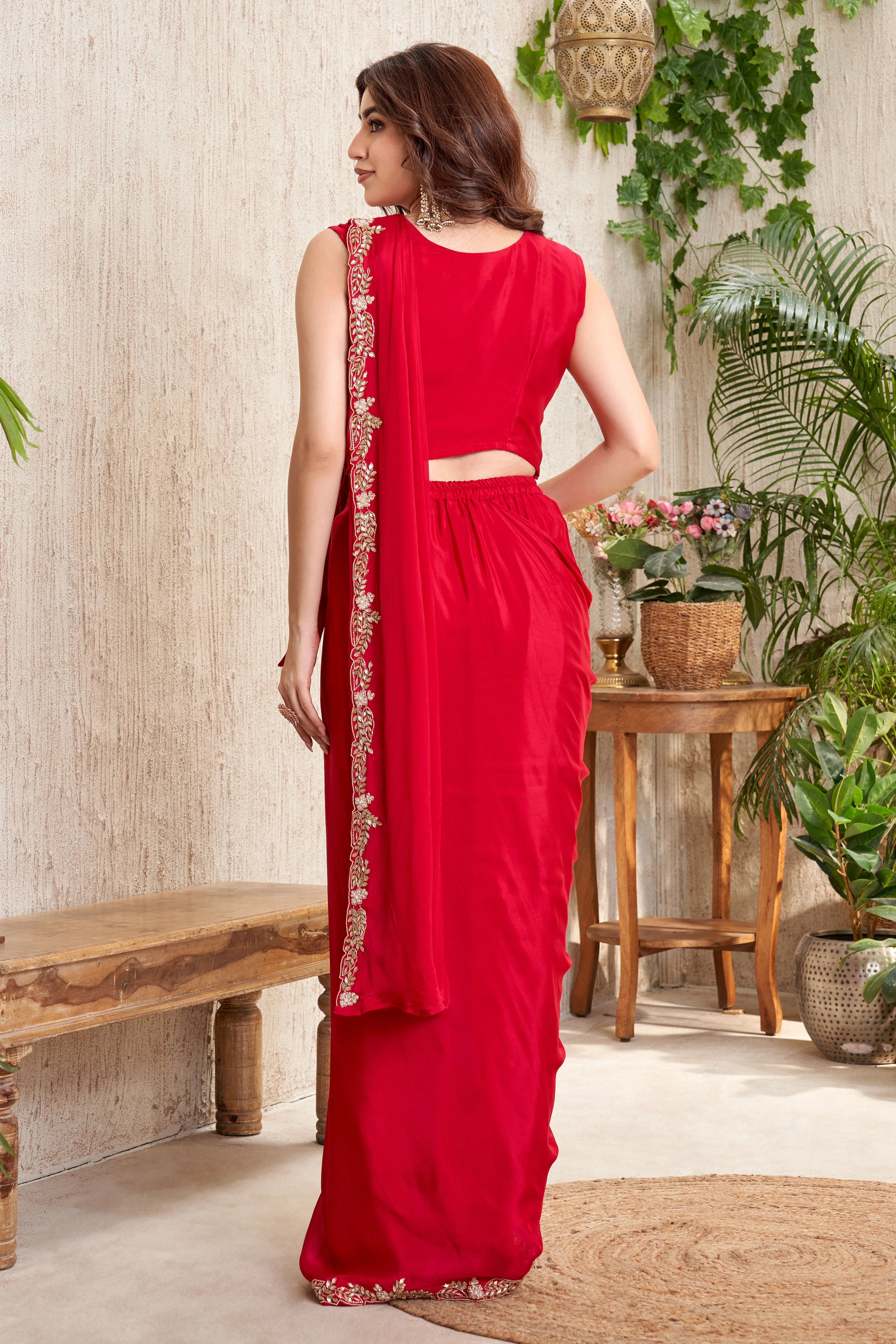 Scarlet Red Embellished Chinon Silk Drape Saree - Image 3