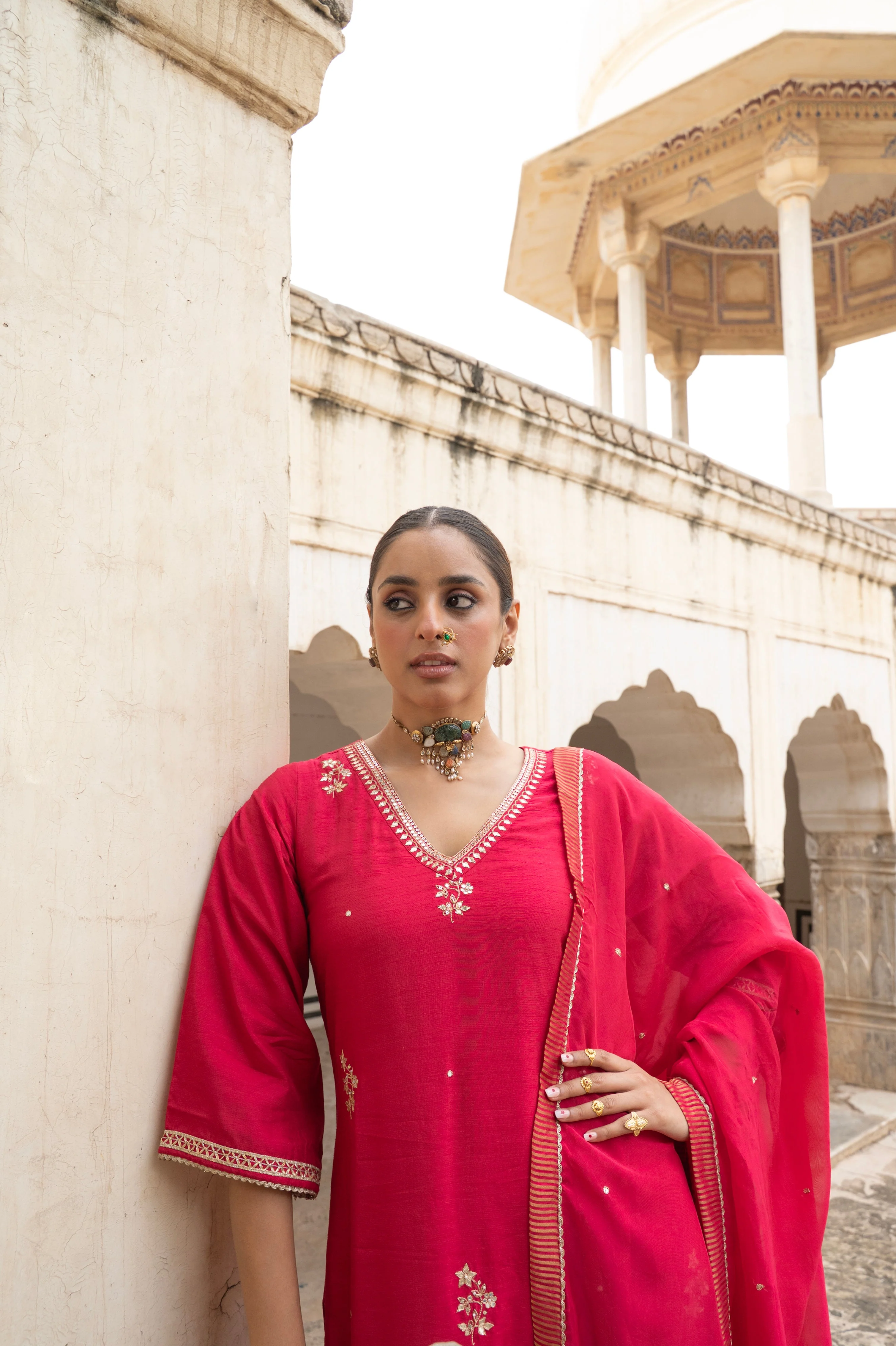 Scarlet Red Embellished Dola Silk Pant Set - Image 2