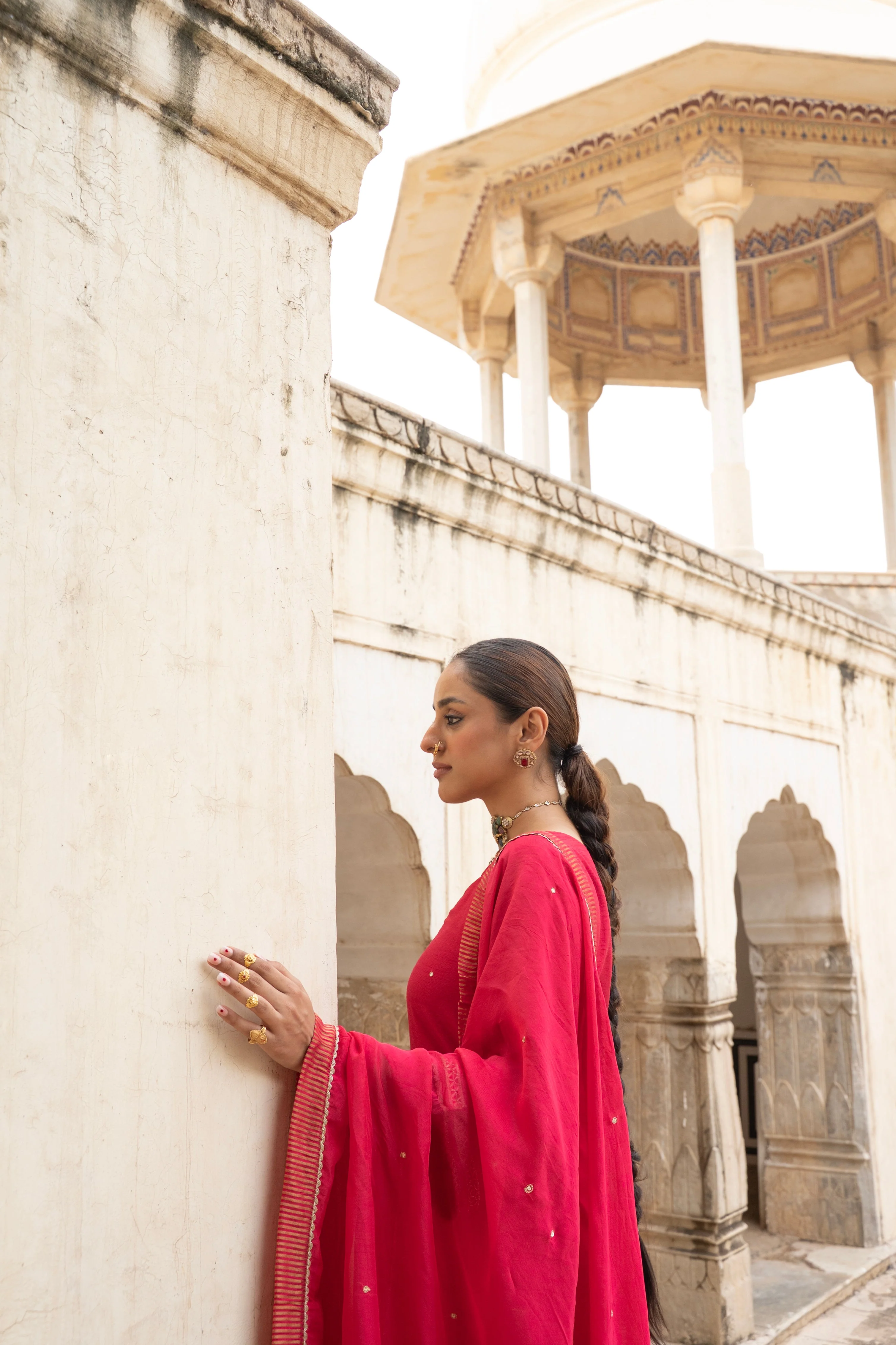 Scarlet Red Embellished Dola Silk Pant Set - Image 3