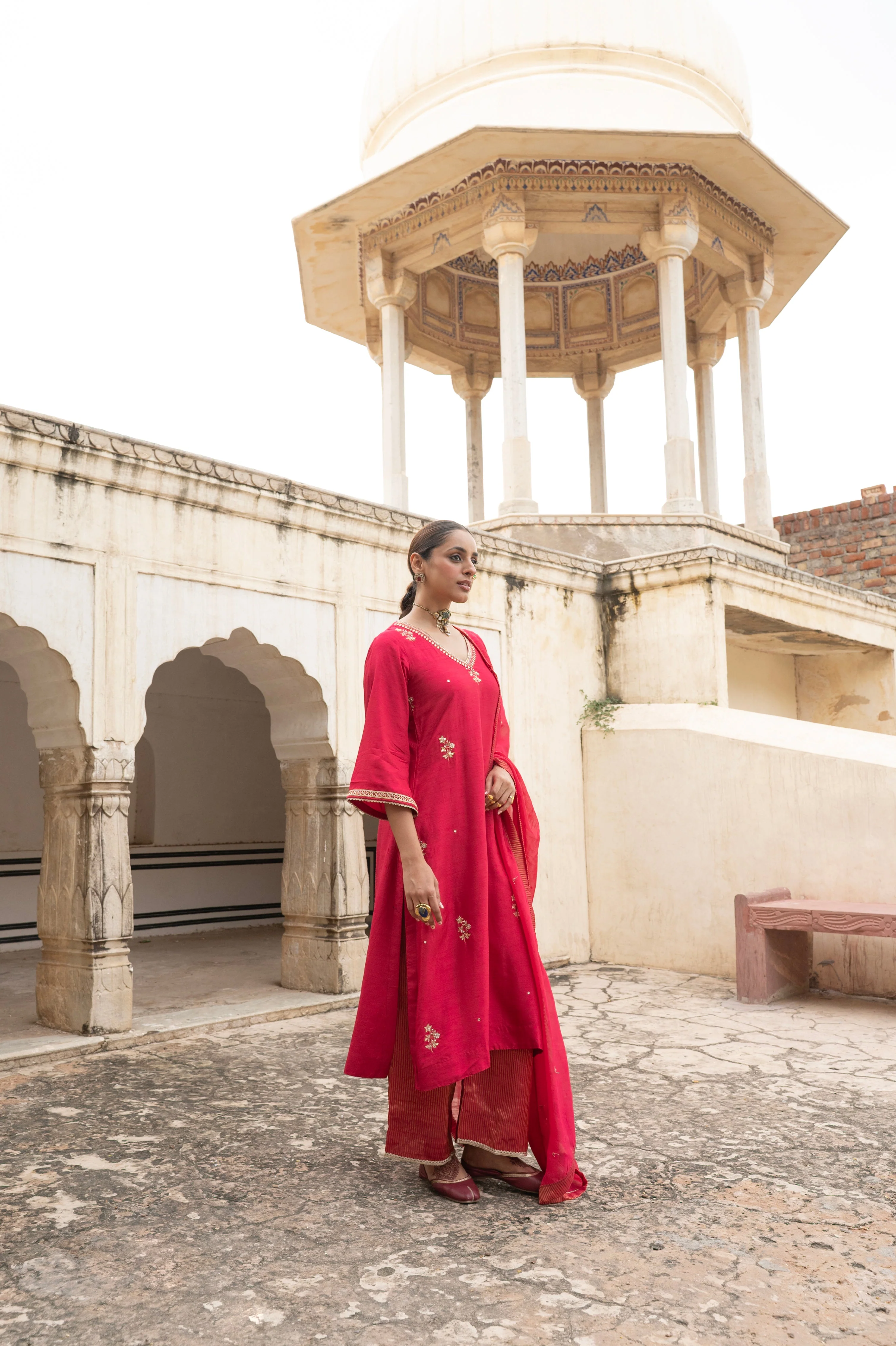 Scarlet Red Embellished Dola Silk Pant Set - Image 4