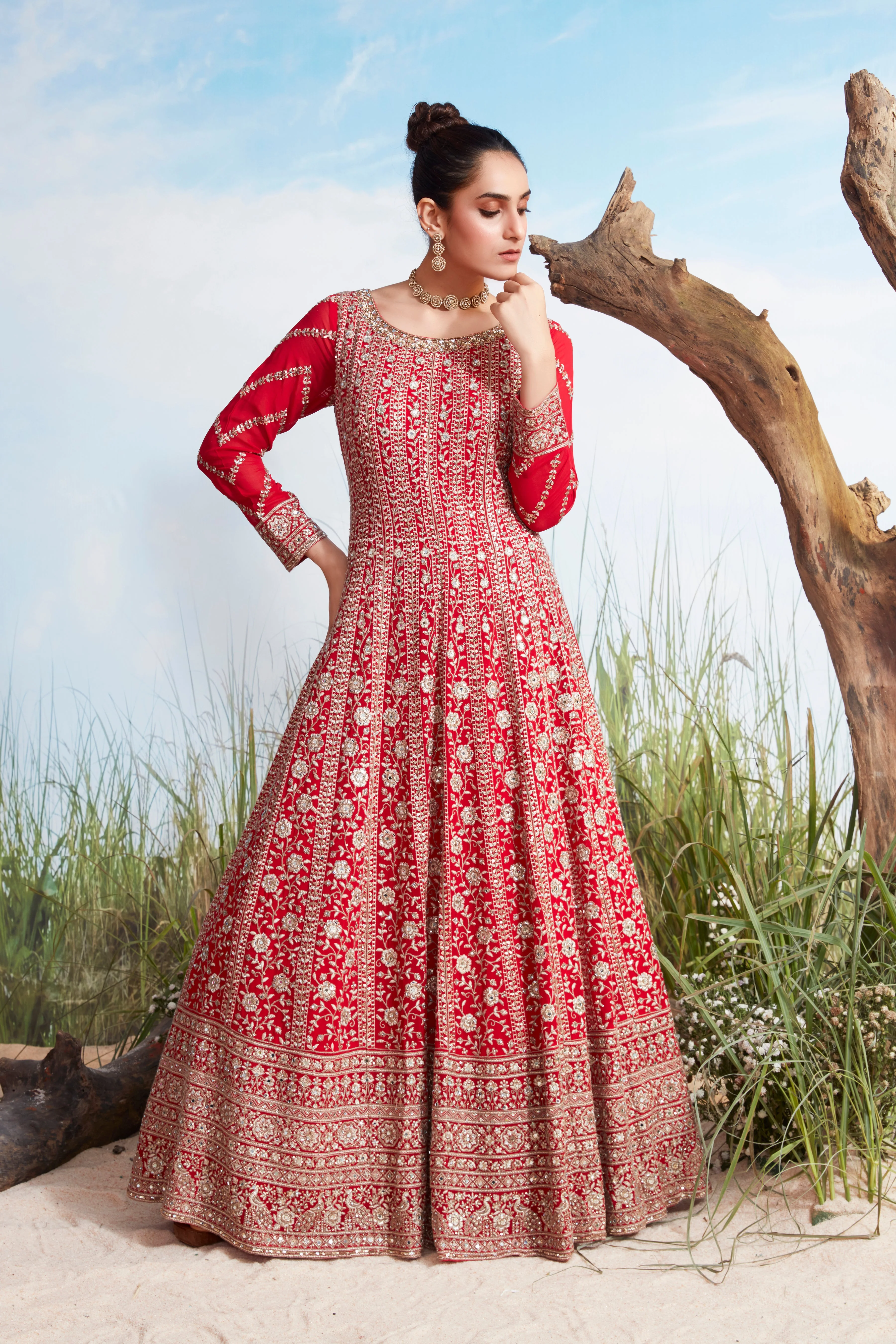 Scarlet Red Embellished Georgette Silk Anarkali Gown - Image 2