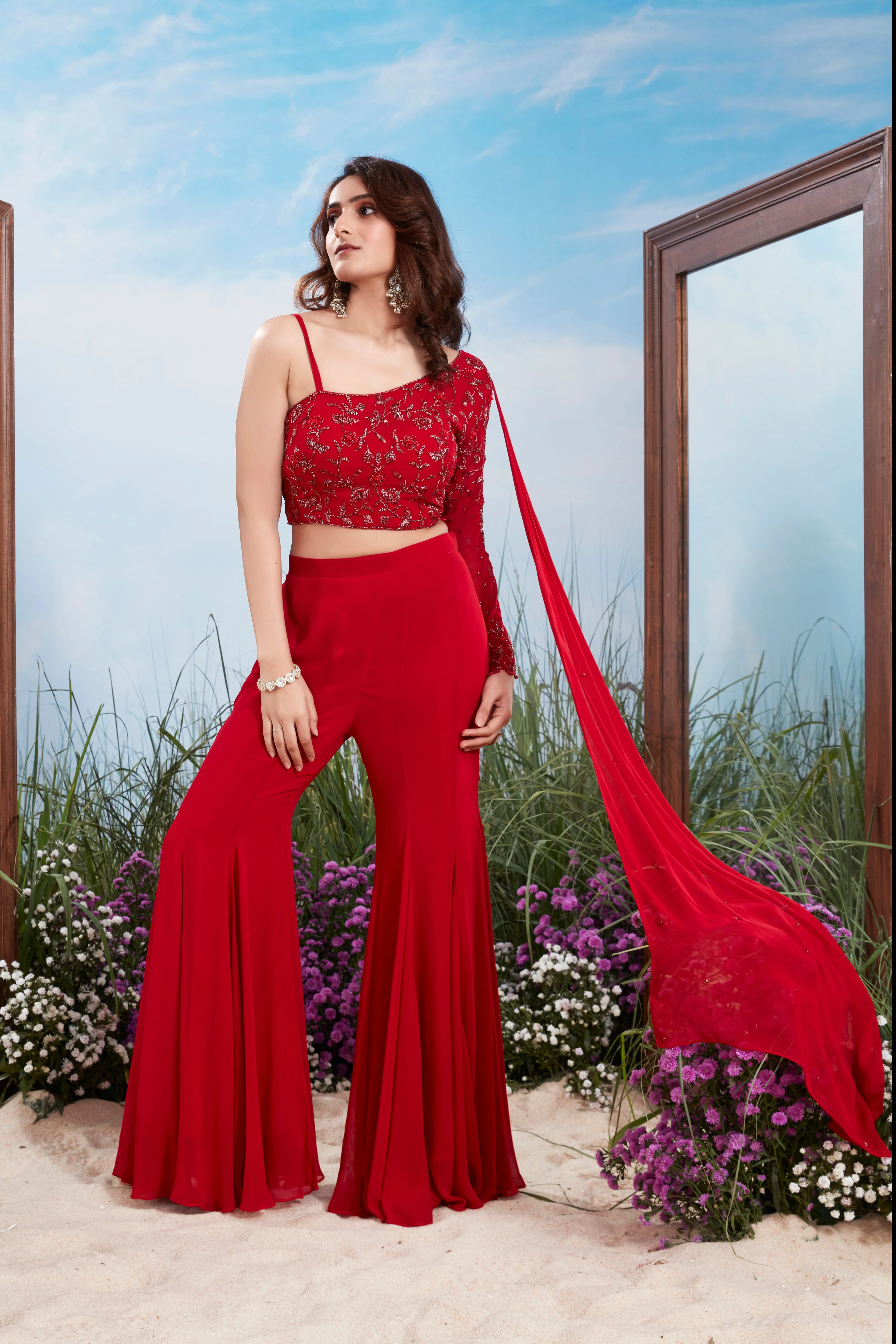 Scarlet Red Embellished Georgette Silk Palazzo Set - Image 2