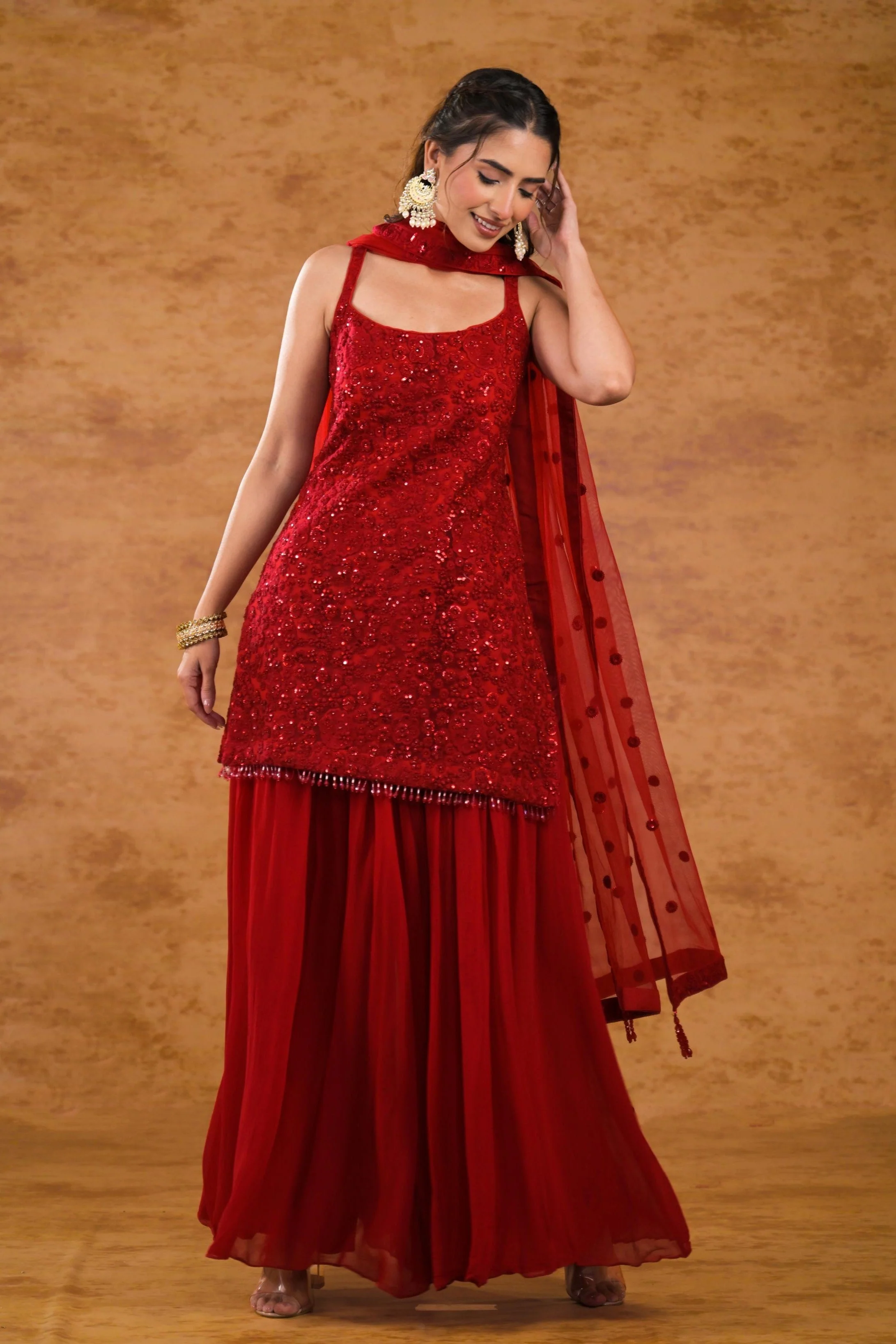 Scarlet Red Embellished Premium Net Palazzo Set - Image 3