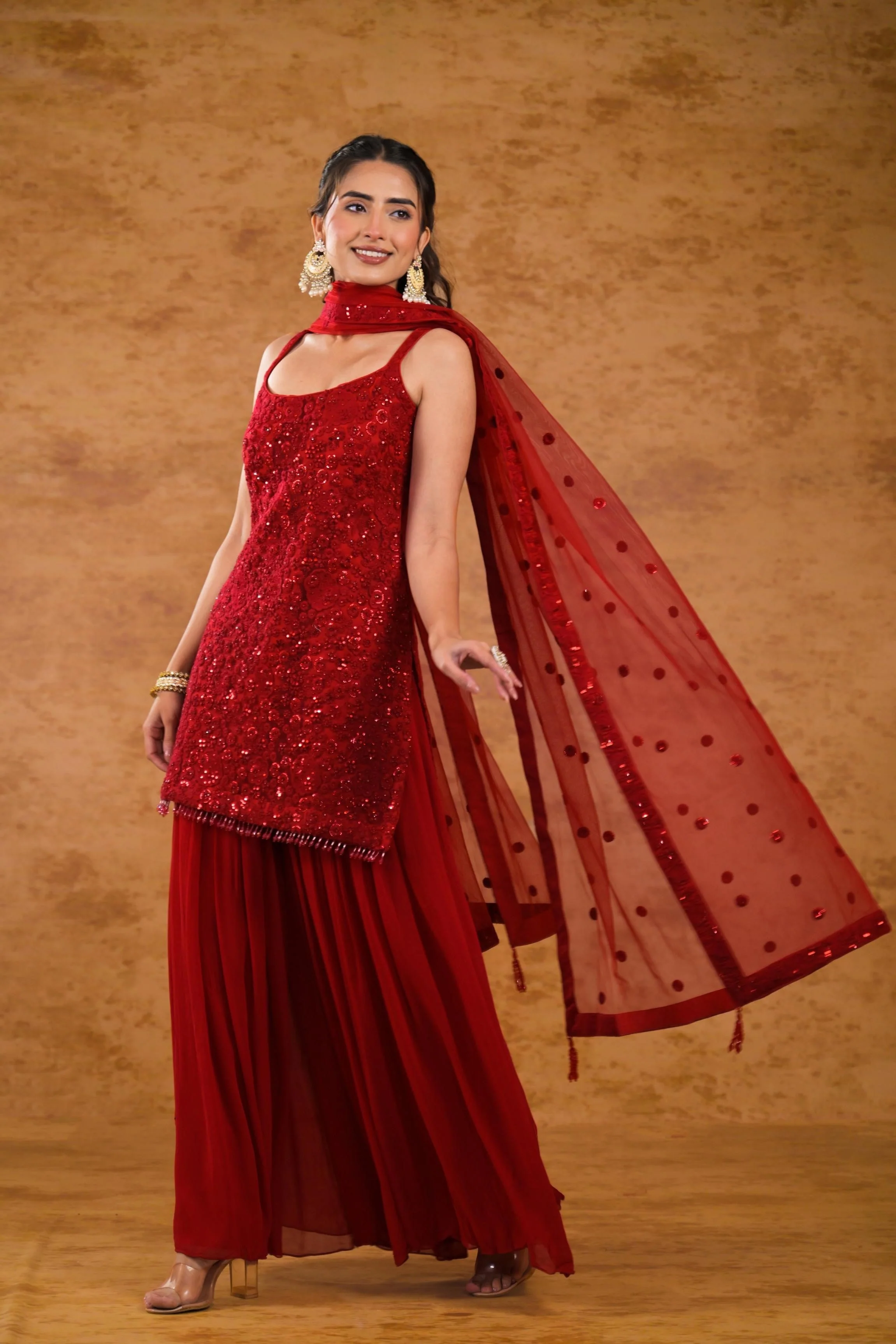 Scarlet Red Embellished Premium Net Palazzo Set - Image 4