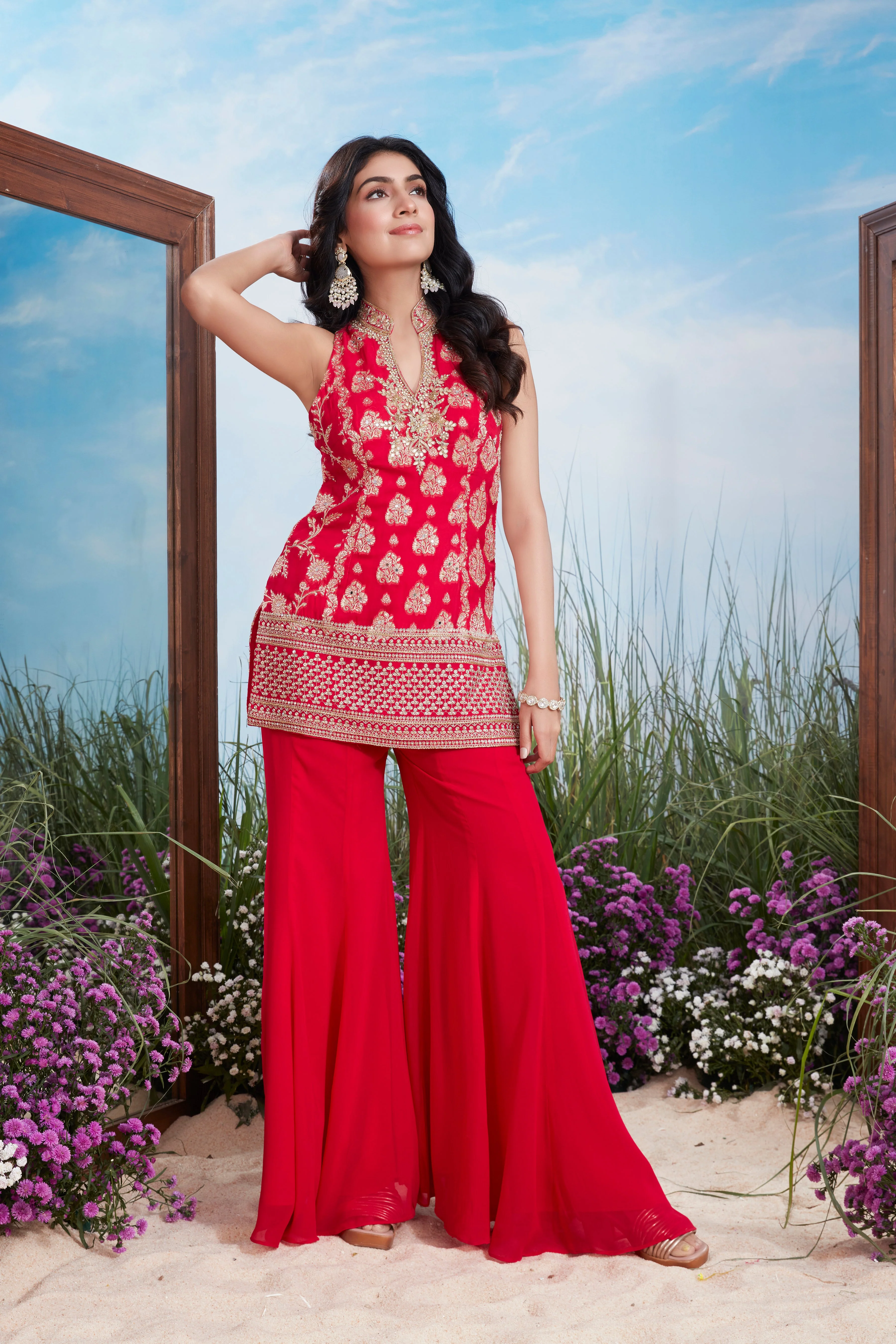 Scarlet Red Embroidered Brocade Silk Palazzo Set - Image 2