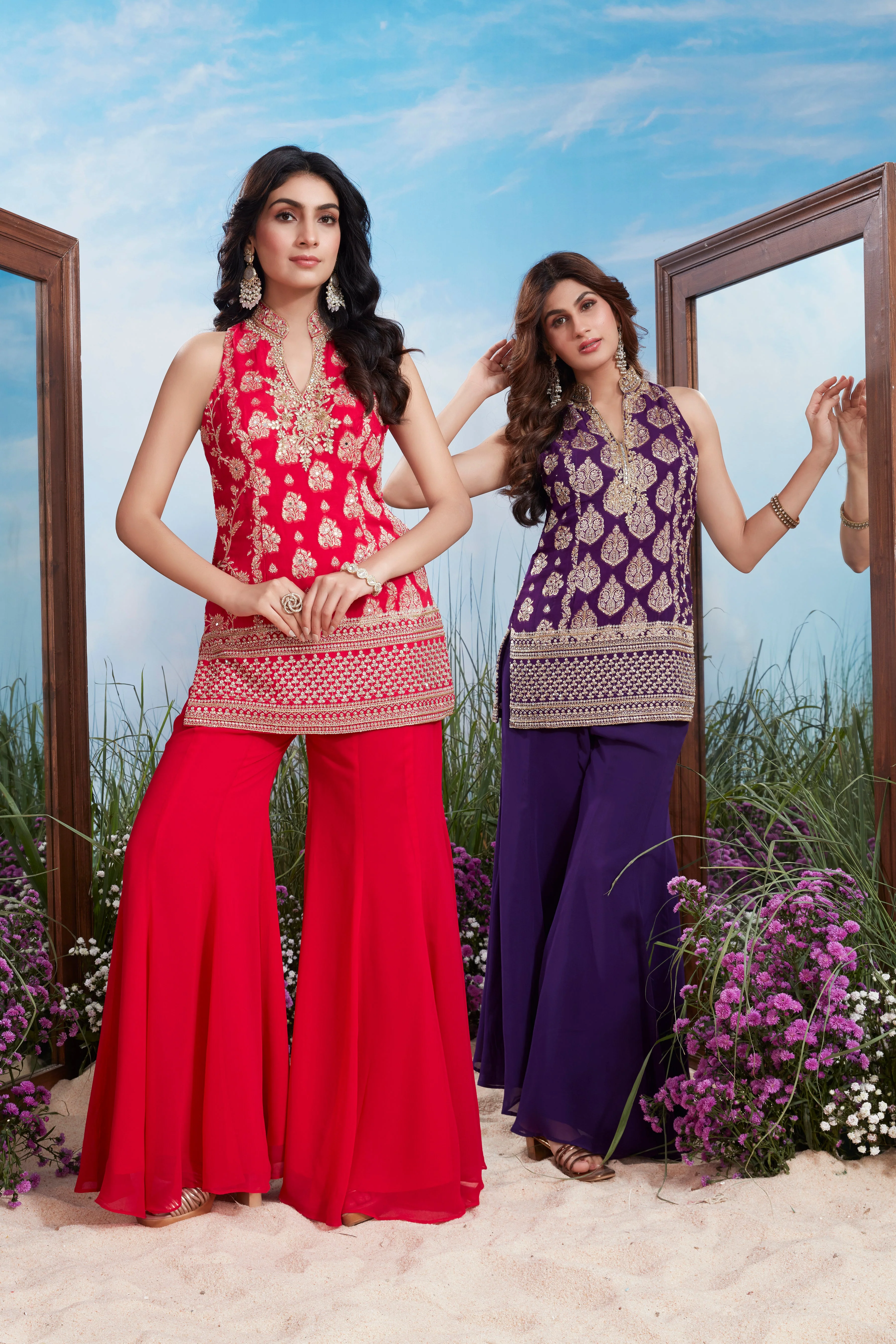 Scarlet Red Embroidered Brocade Silk Palazzo Set - Image 4