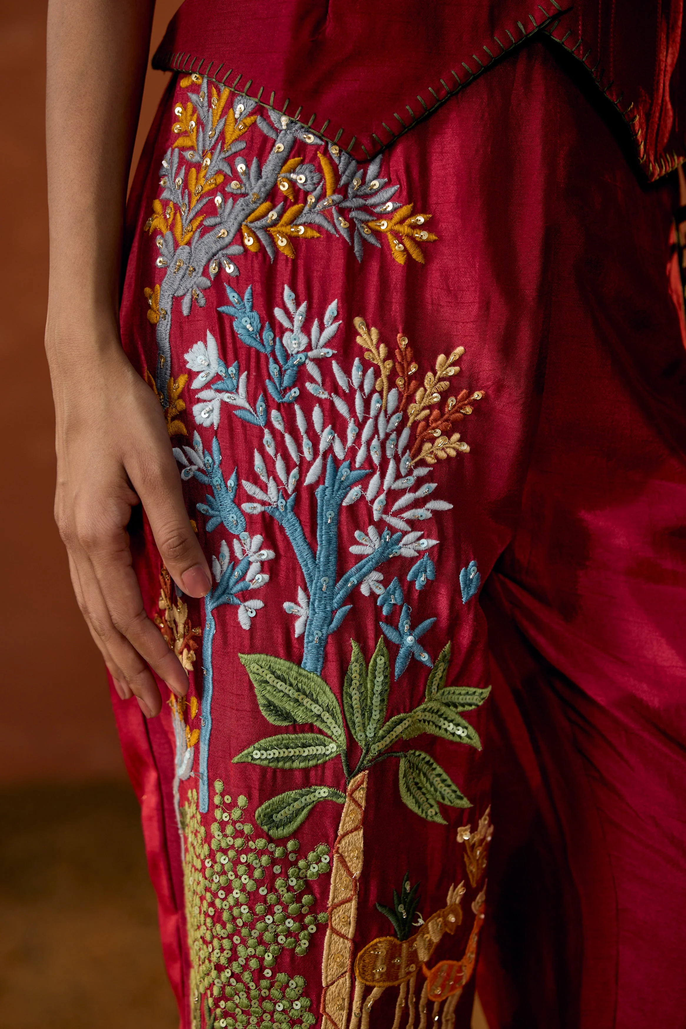 Scarlet Red Embroidered Raw Silk Co-Ord Set - Image 2