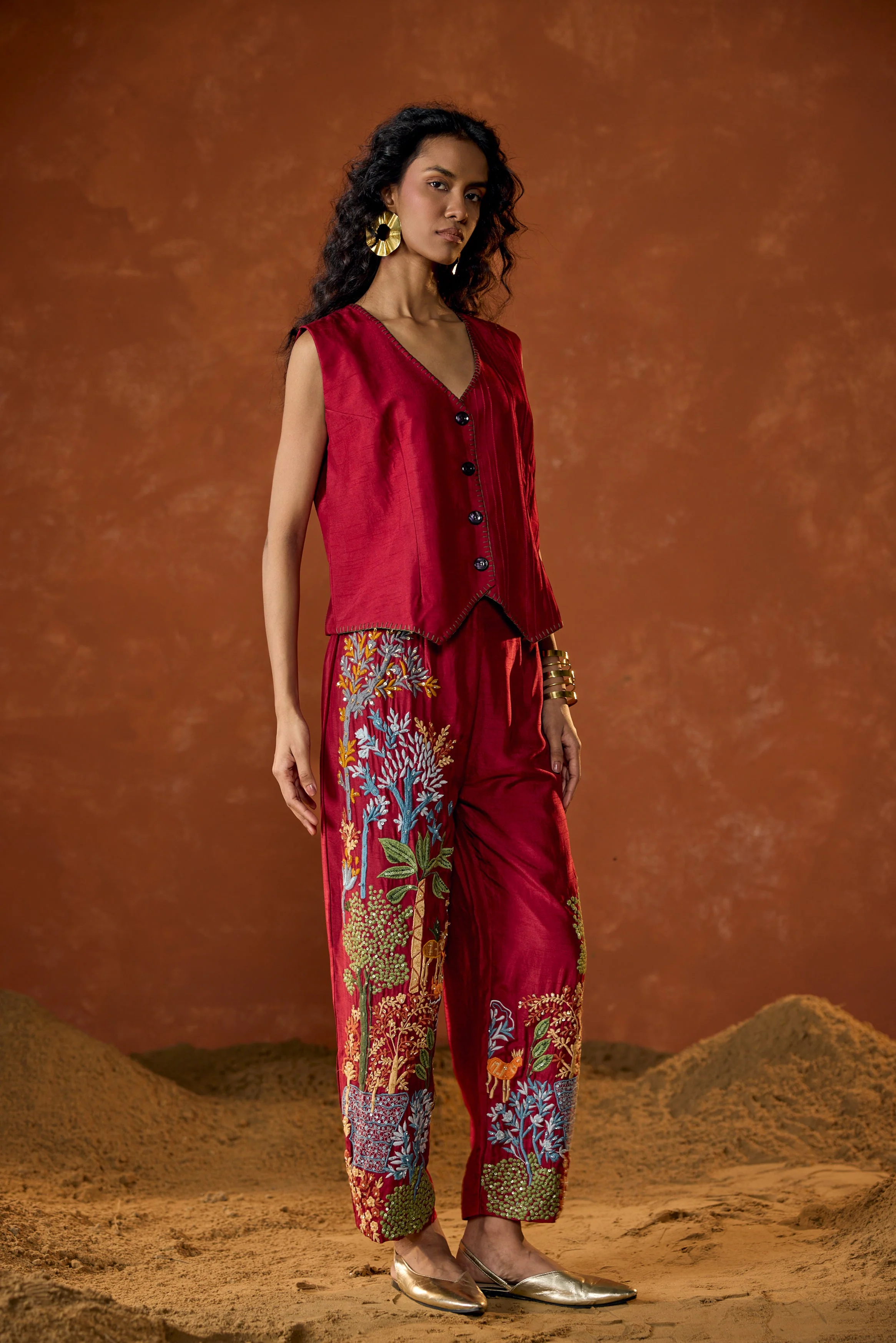 Scarlet Red Embroidered Raw Silk Co-Ord Set - Image 3