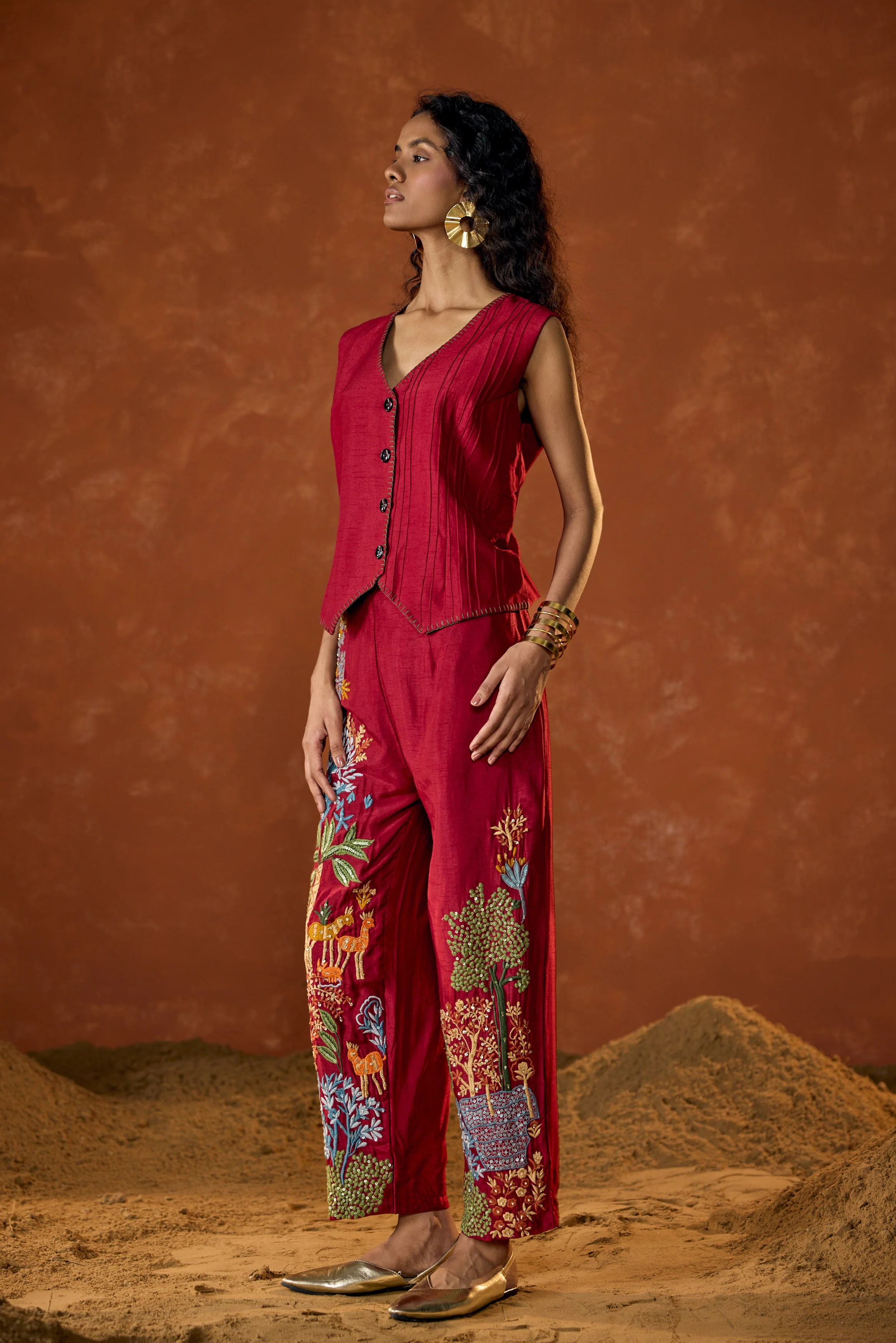 Scarlet Red Embroidered Raw Silk Co-Ord Set - Image 4