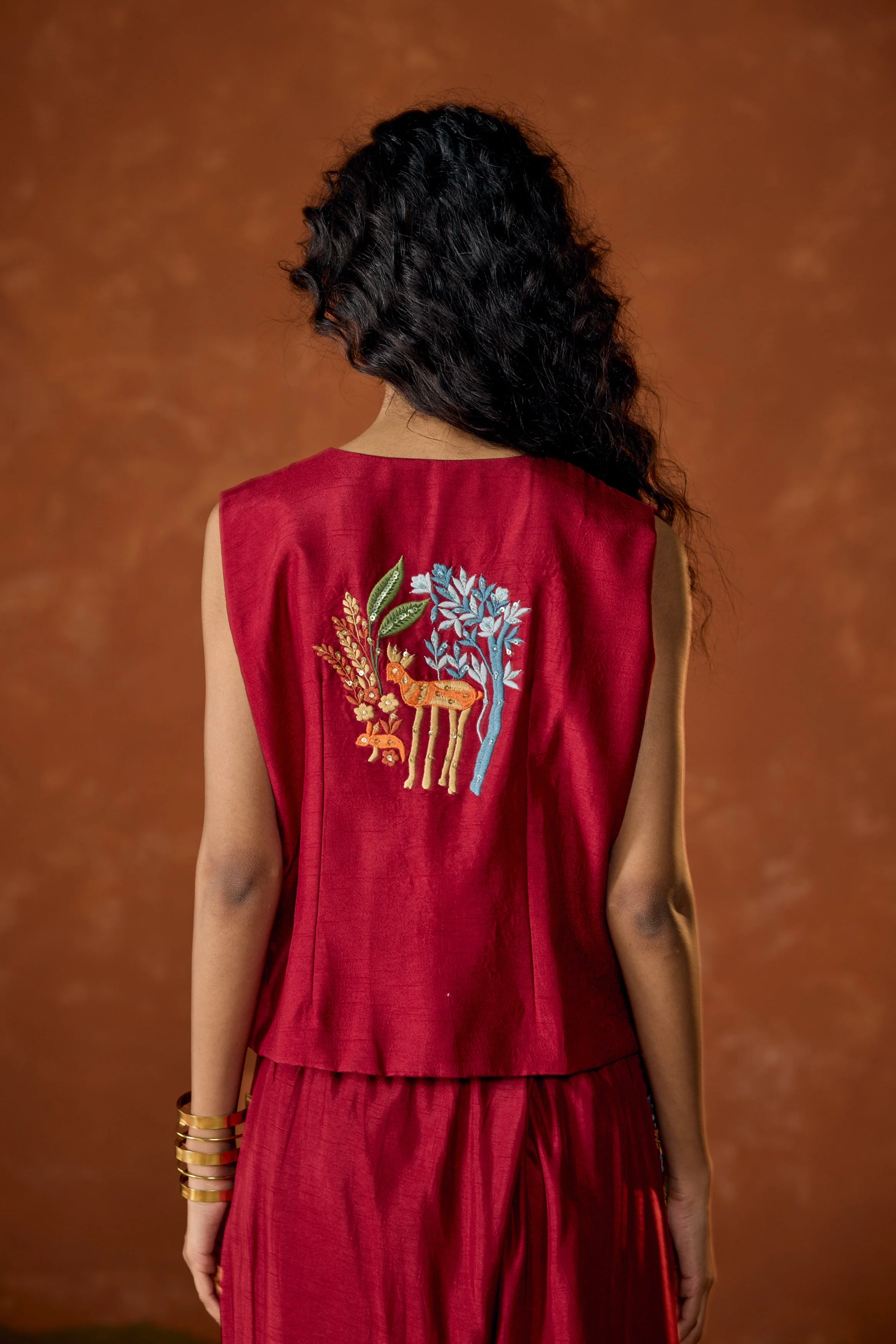 Scarlet Red Embroidered Raw Silk Co-Ord Set - Image 5