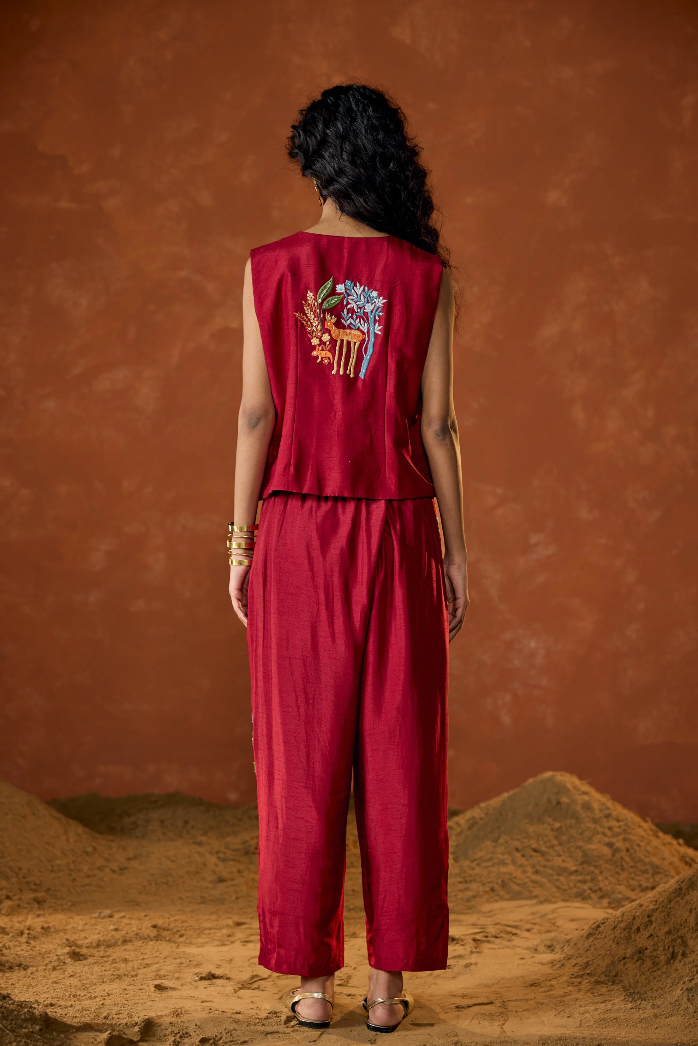 Scarlet Red Embroidered Raw Silk Co-Ord Set - Image 6