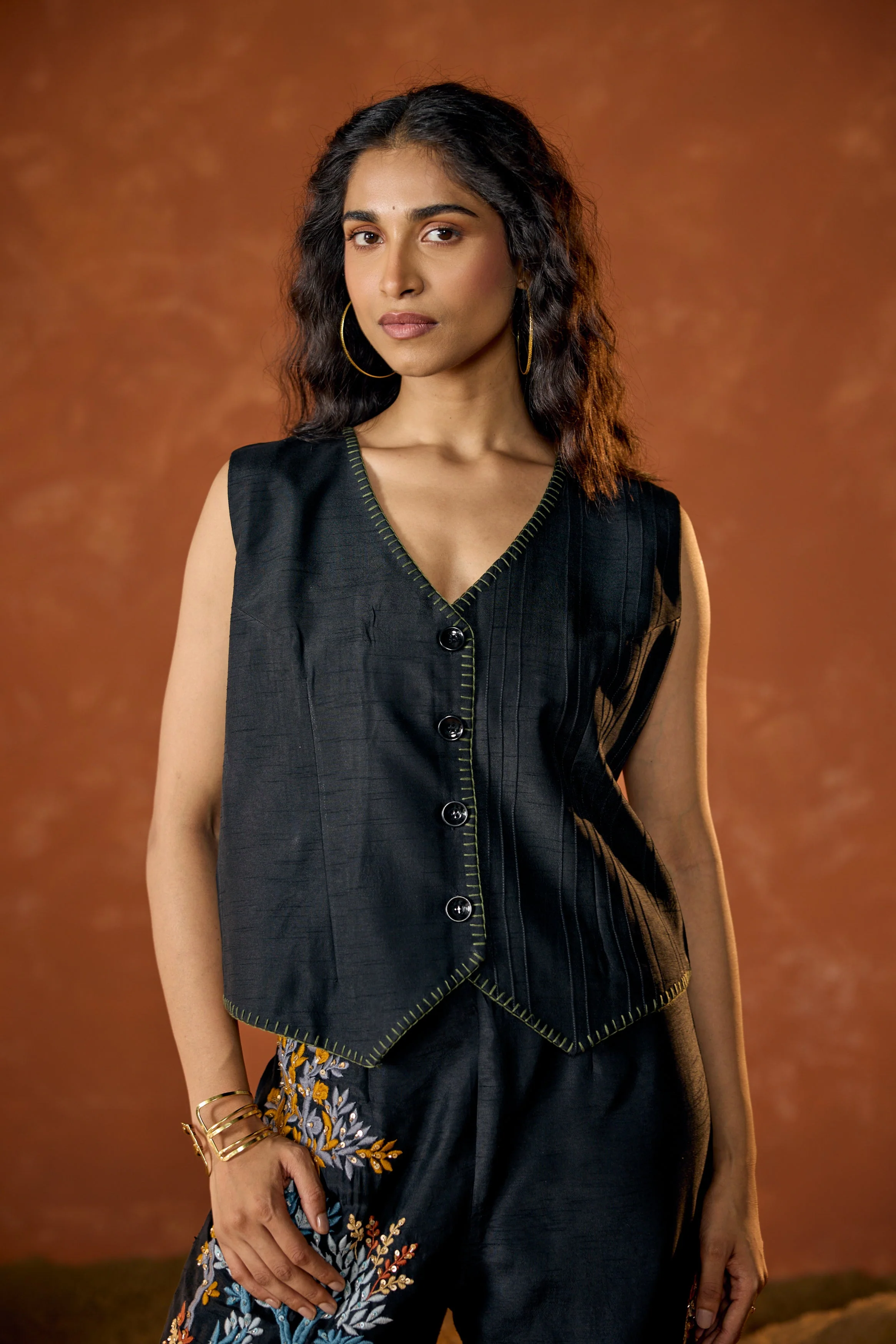 Classic Black Embroidered Raw Silk Co-Ord Set - Image 2