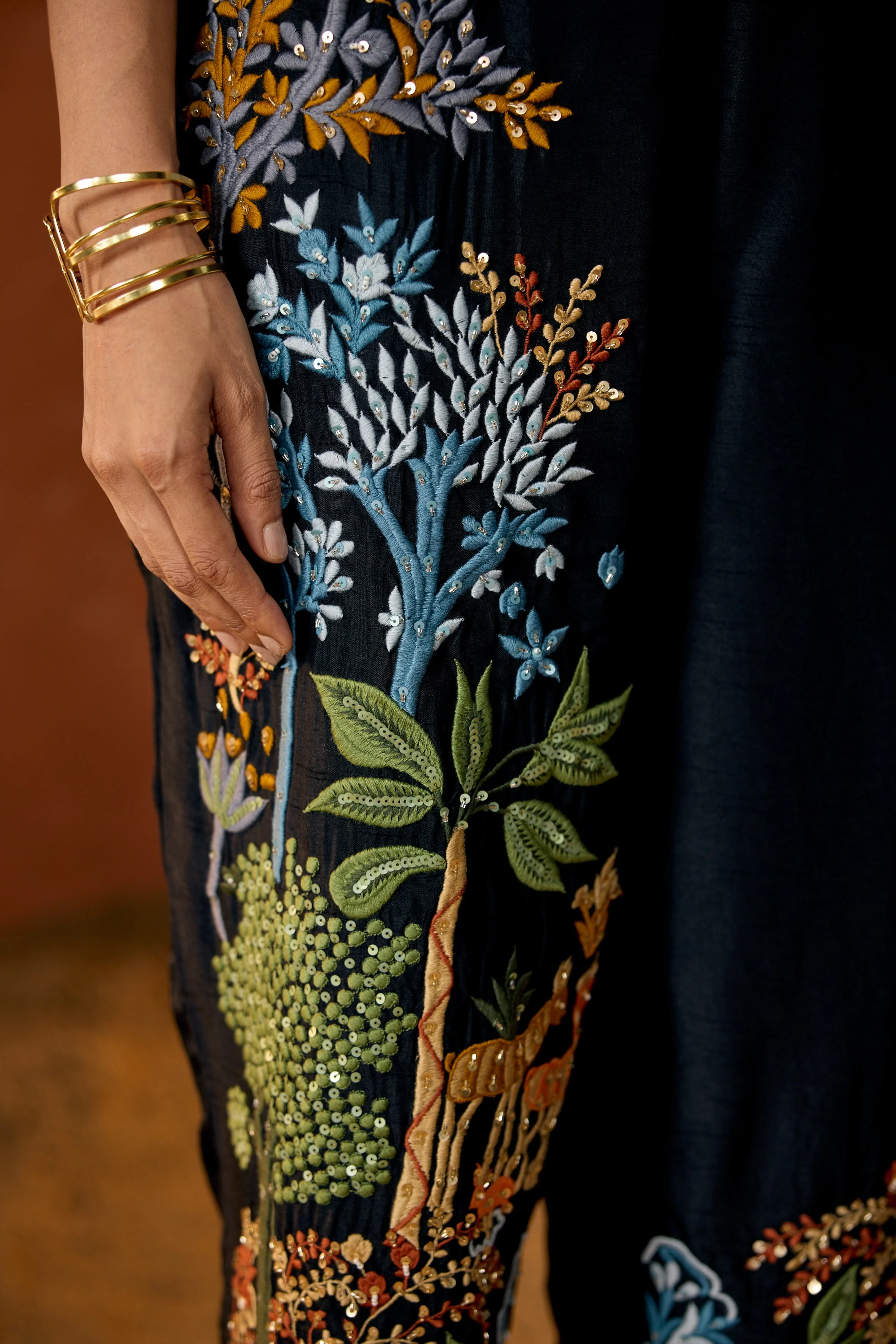 Classic Black Embroidered Raw Silk Co-Ord Set - Image 3
