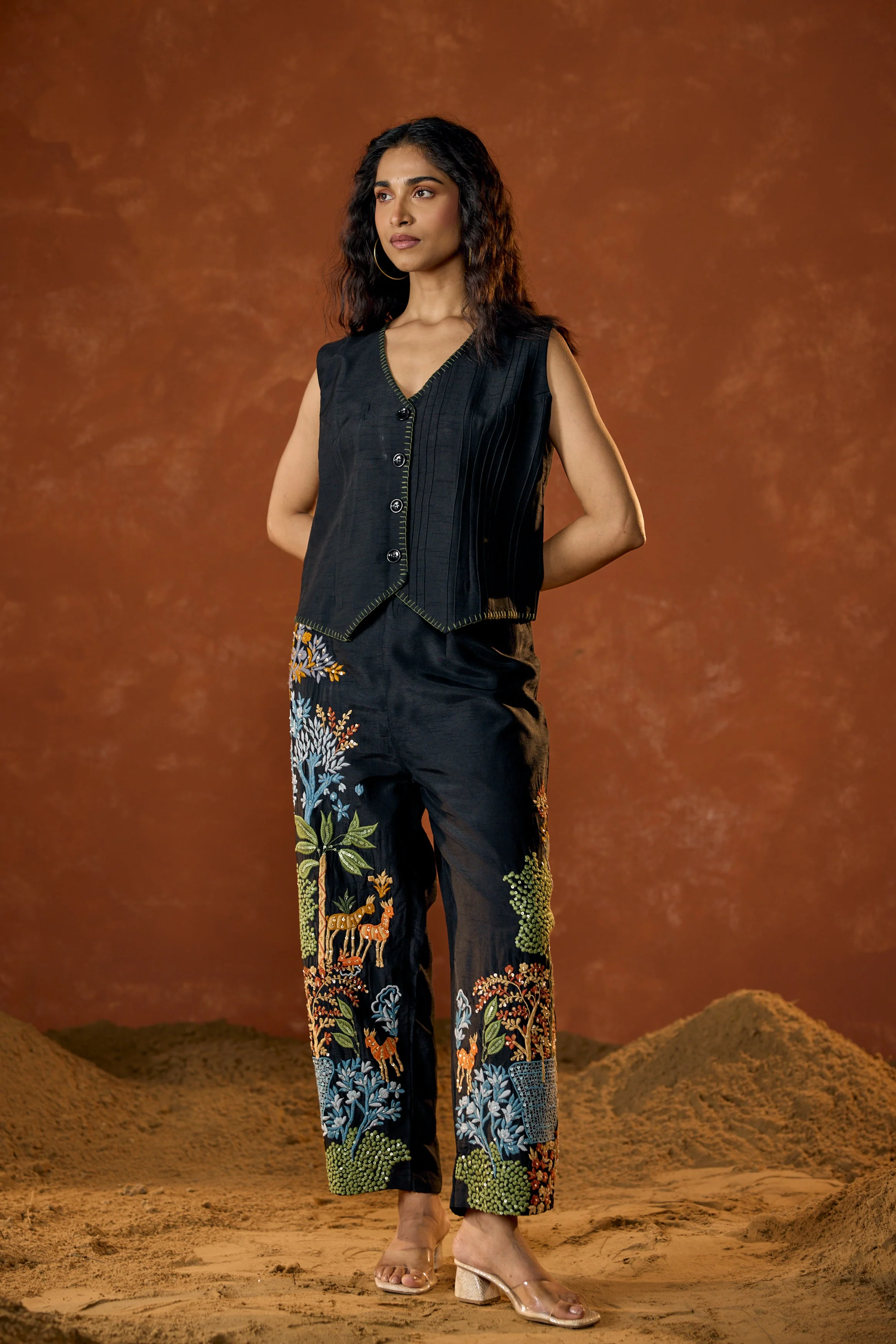 Classic Black Embroidered Raw Silk Co-Ord Set - Image 4