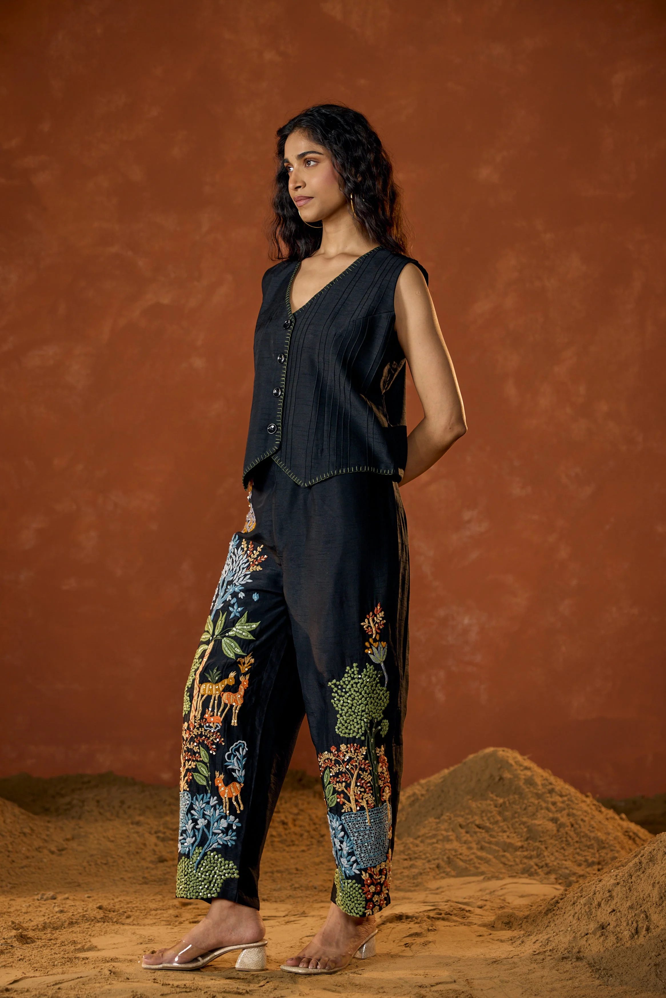 Classic Black Embroidered Raw Silk Co-Ord Set - Image 5