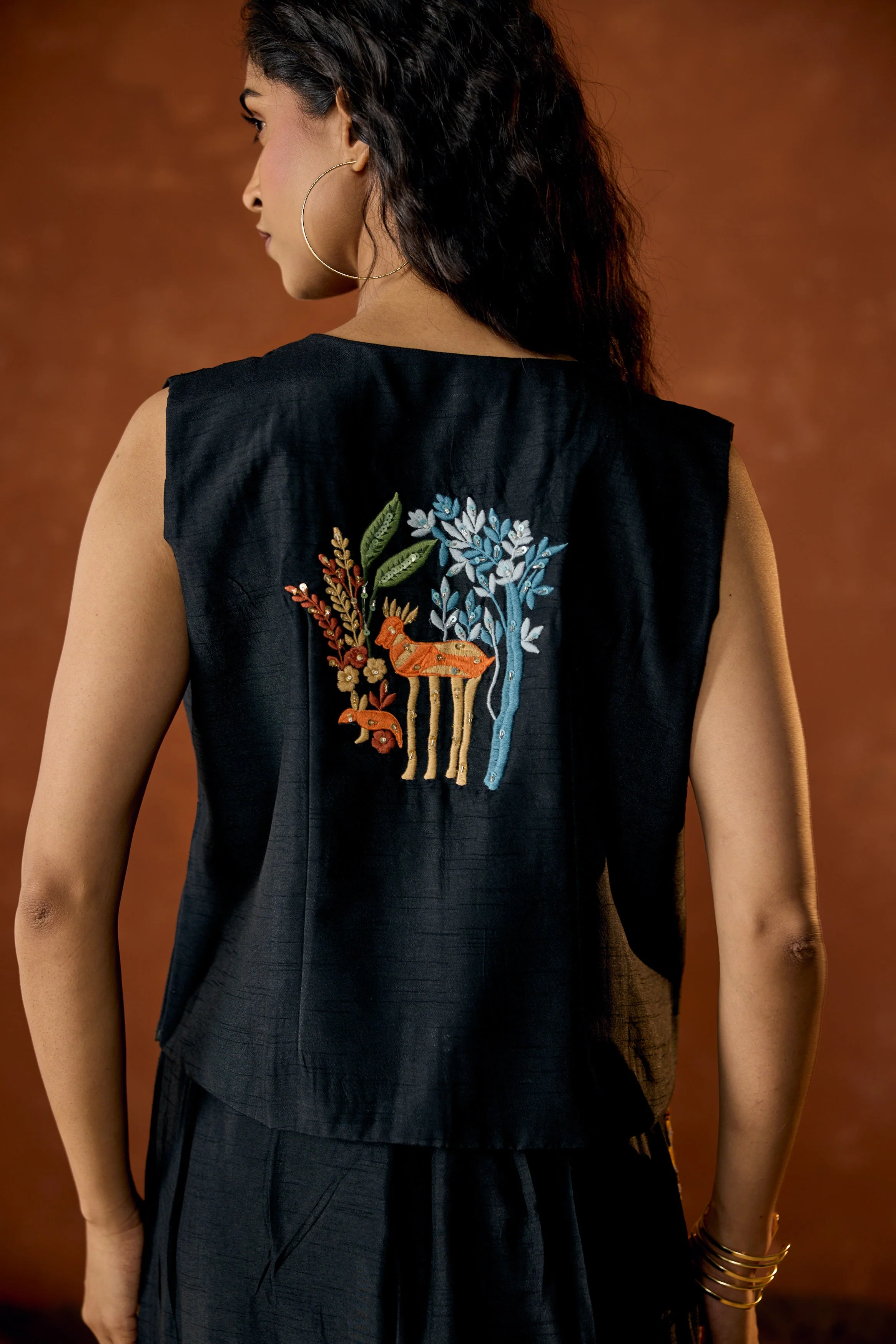 Classic Black Embroidered Raw Silk Co-Ord Set - Image 6