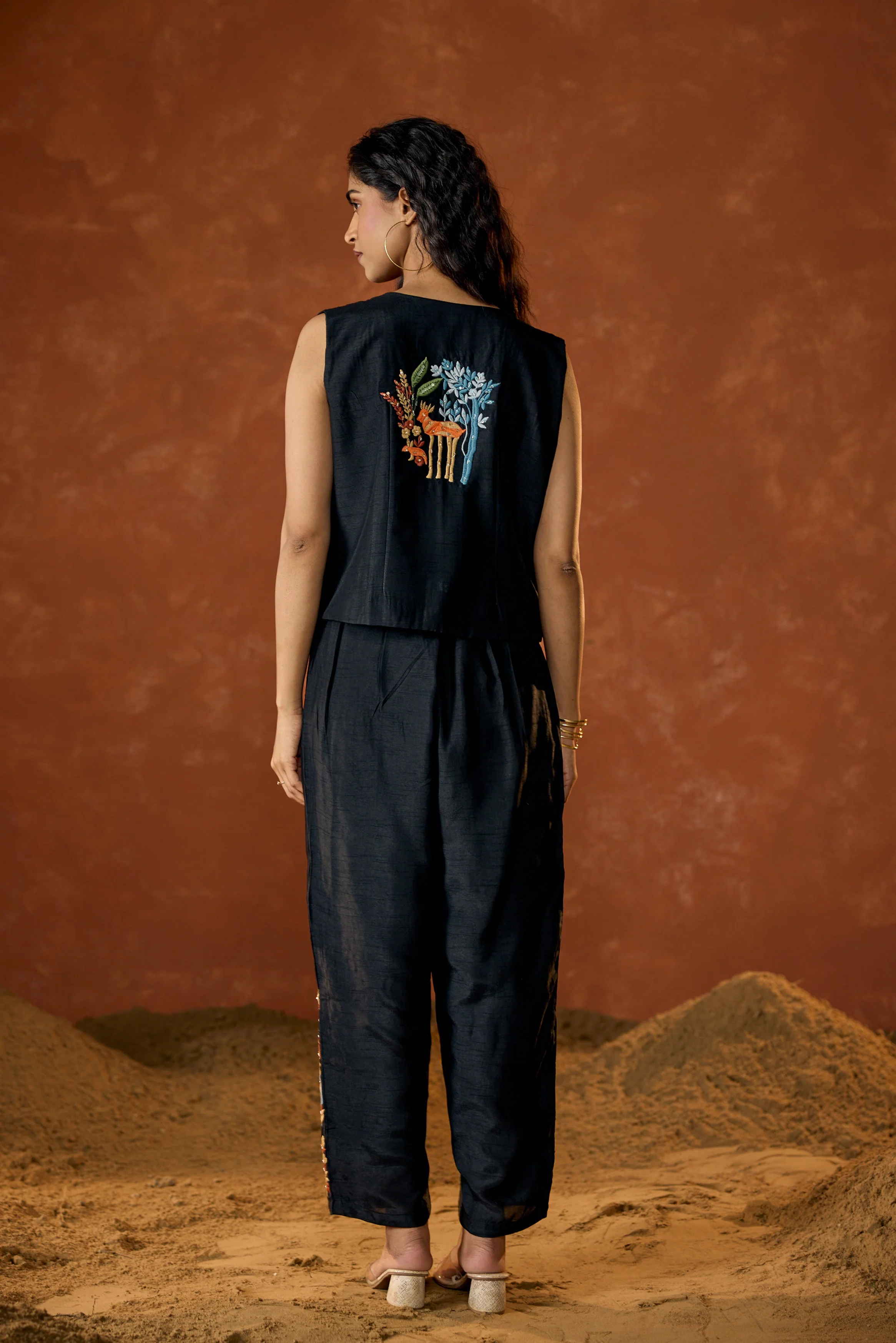 Classic Black Embroidered Raw Silk Co-Ord Set - Image 7