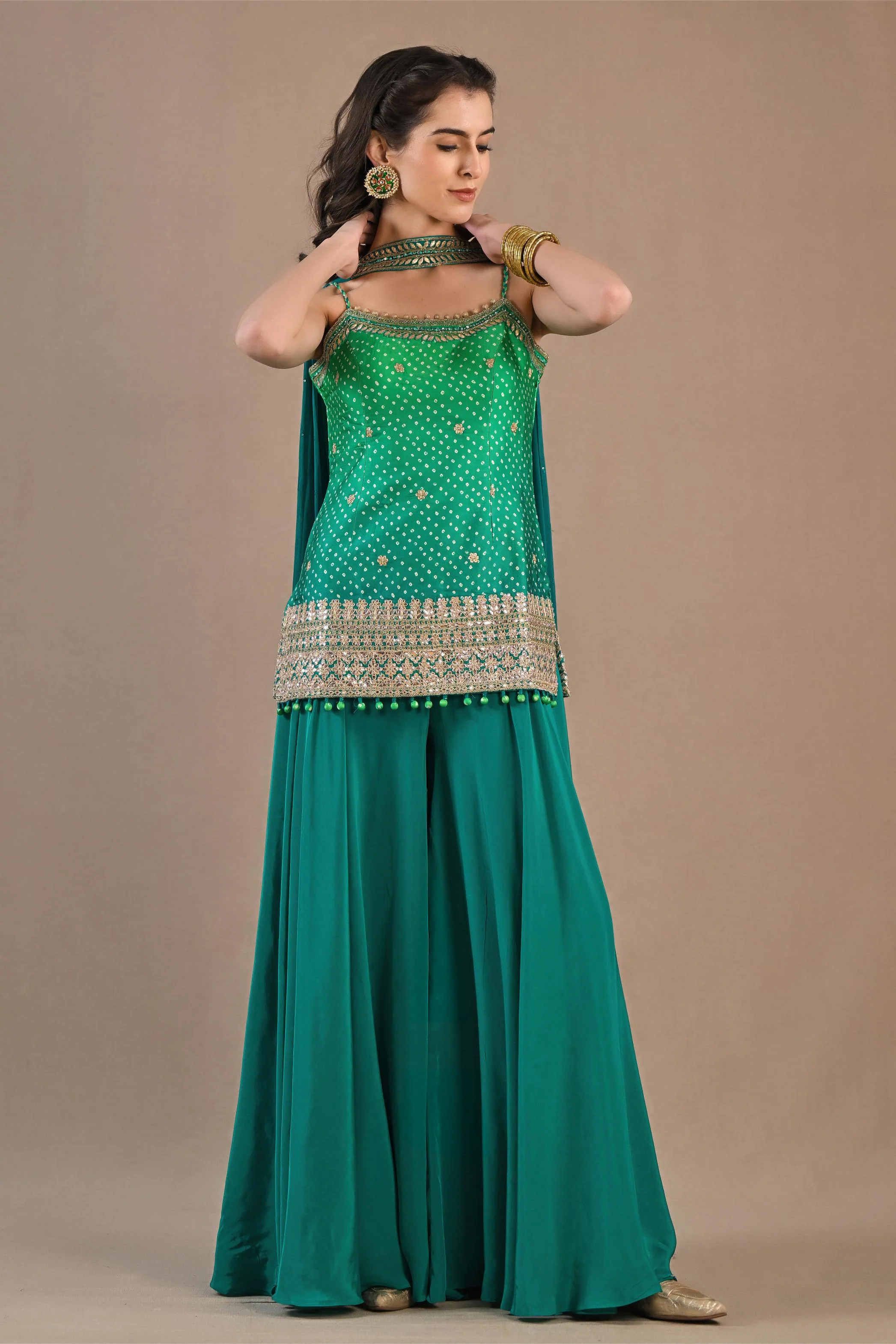 Sea-Green Bandhej Printed Crepe Silk Palazzo Set - Image 3