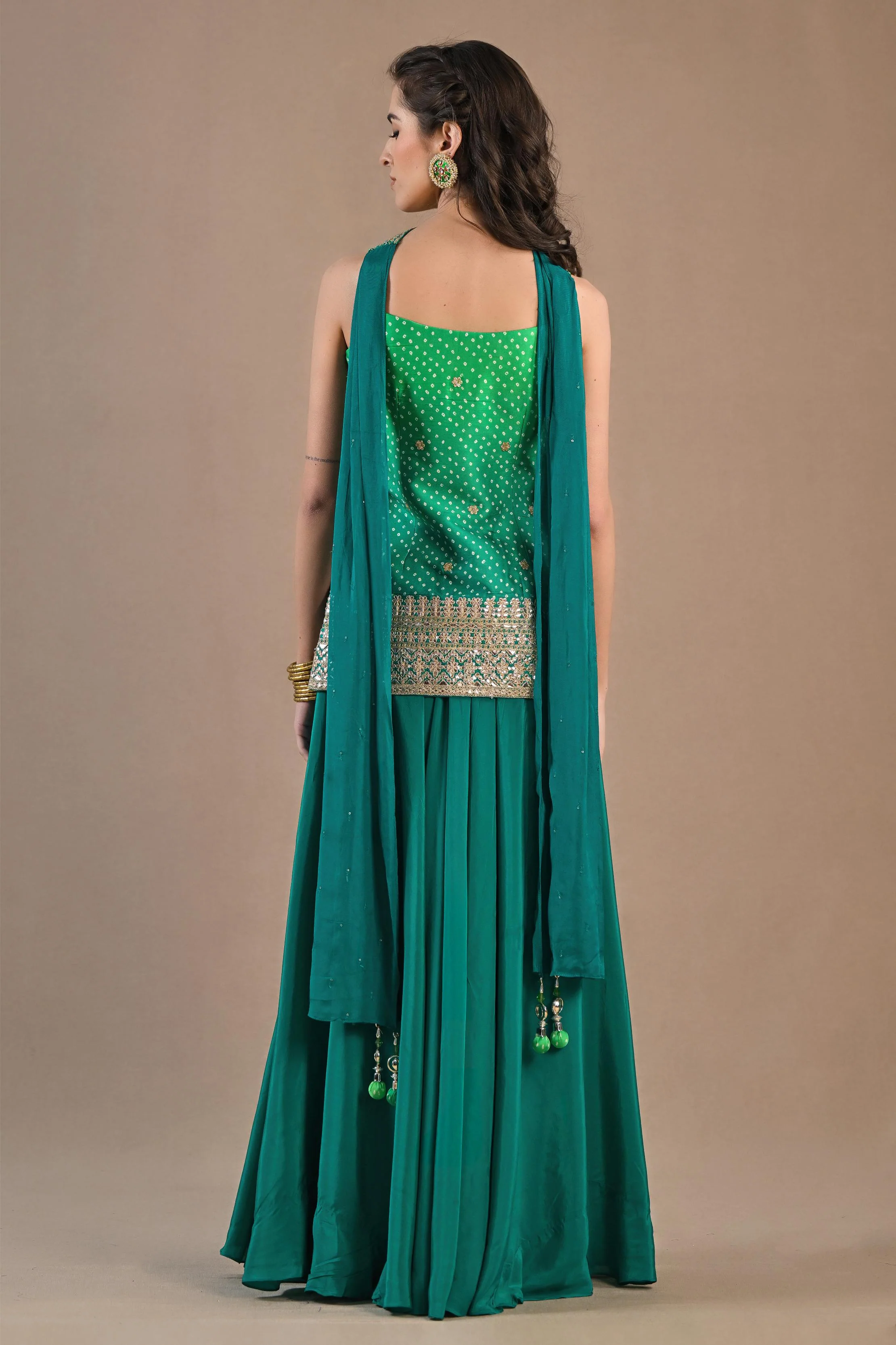 Sea-Green Bandhej Printed Crepe Silk Palazzo Set - Image 5