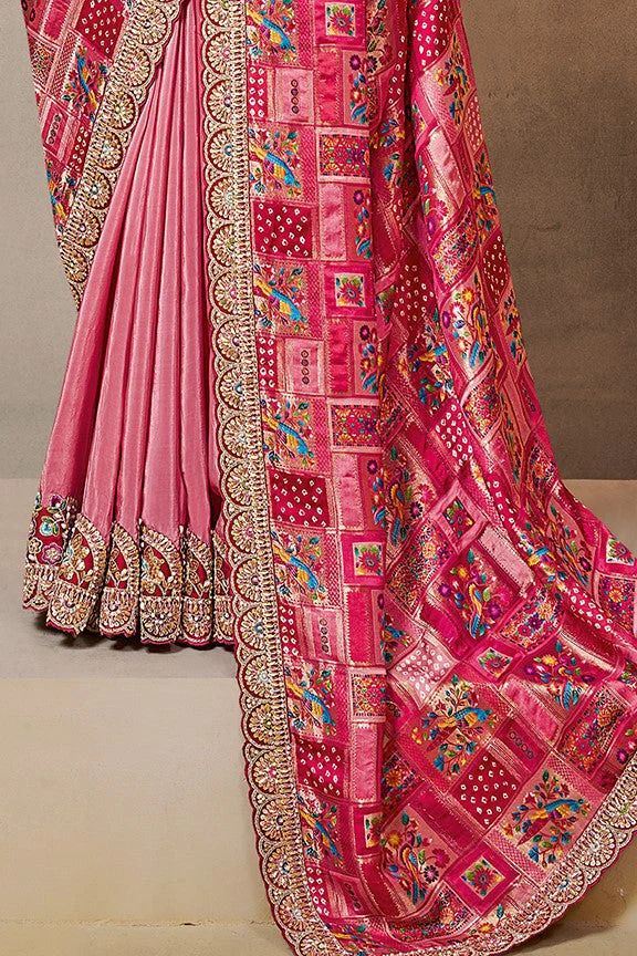 Rani Pink Embellished Gajji Jaquard Silk Saree - Image 5
