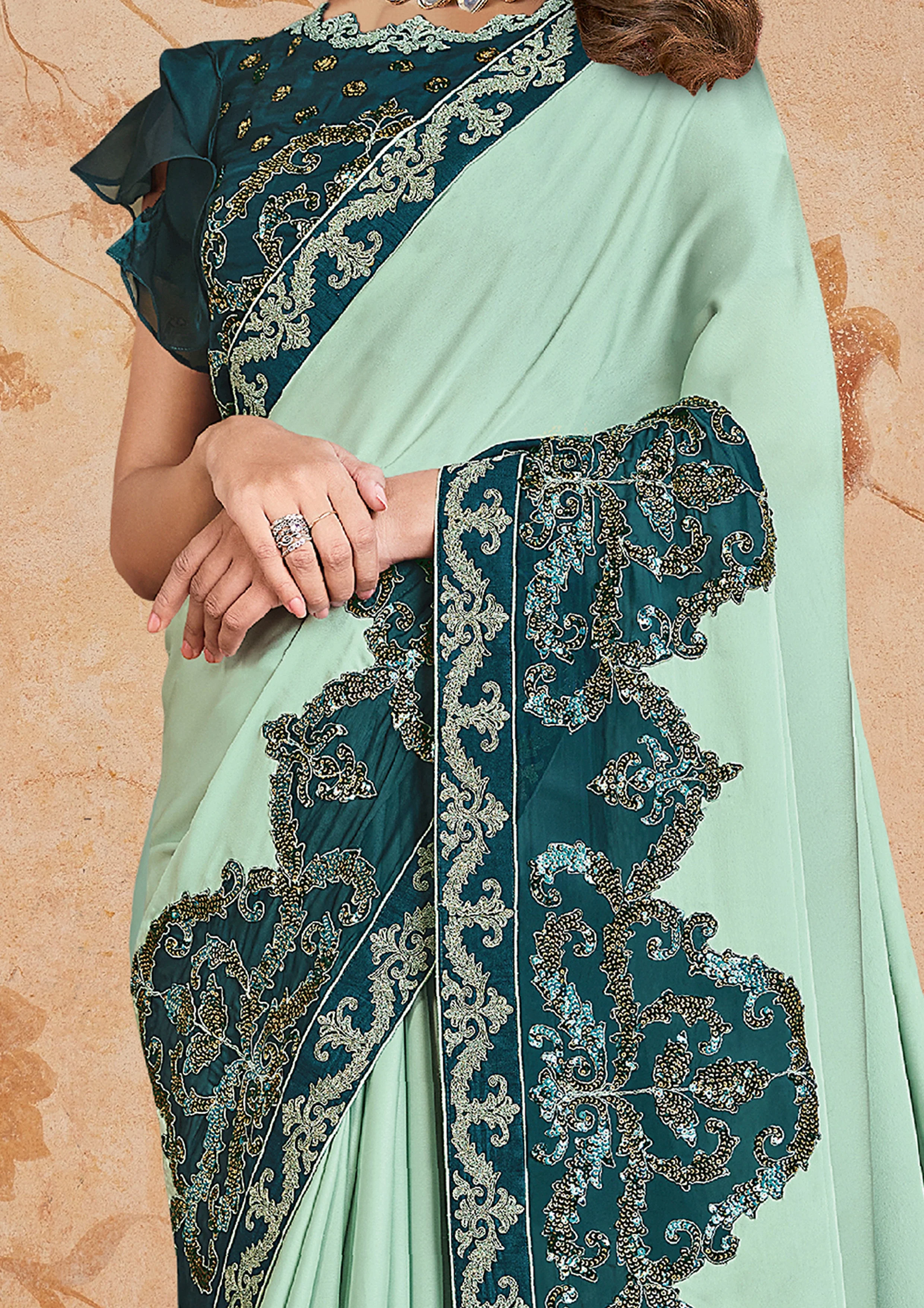 Seafoam Embroidered Georgette Silk Saree - Image 3