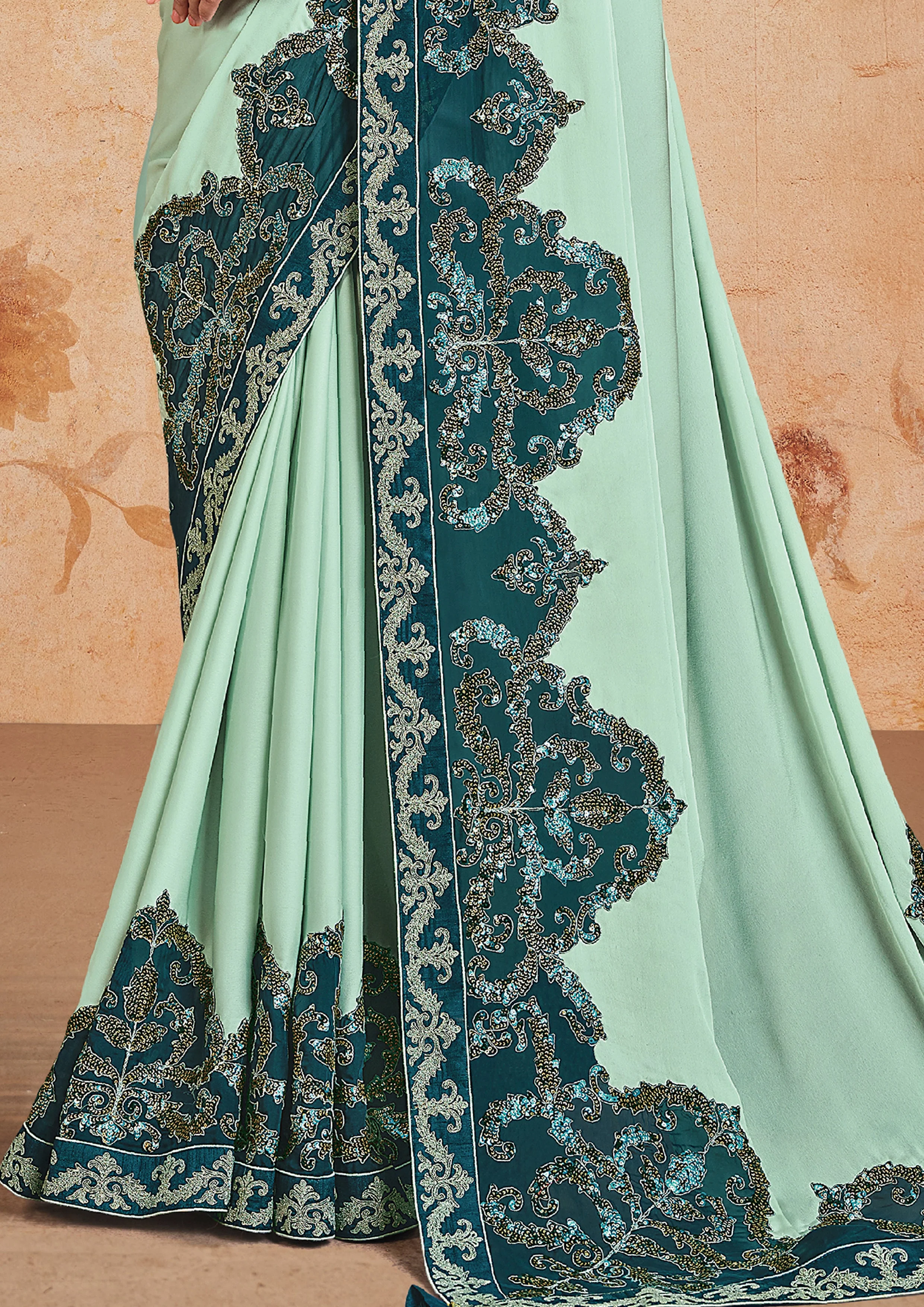 Seafoam Embroidered Georgette Silk Saree - Image 4