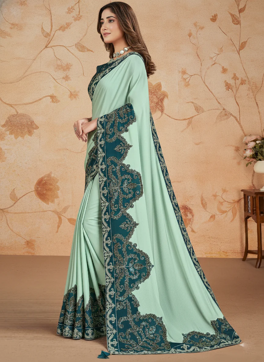 Seafoam Embroidered Georgette Silk Saree - Image 5
