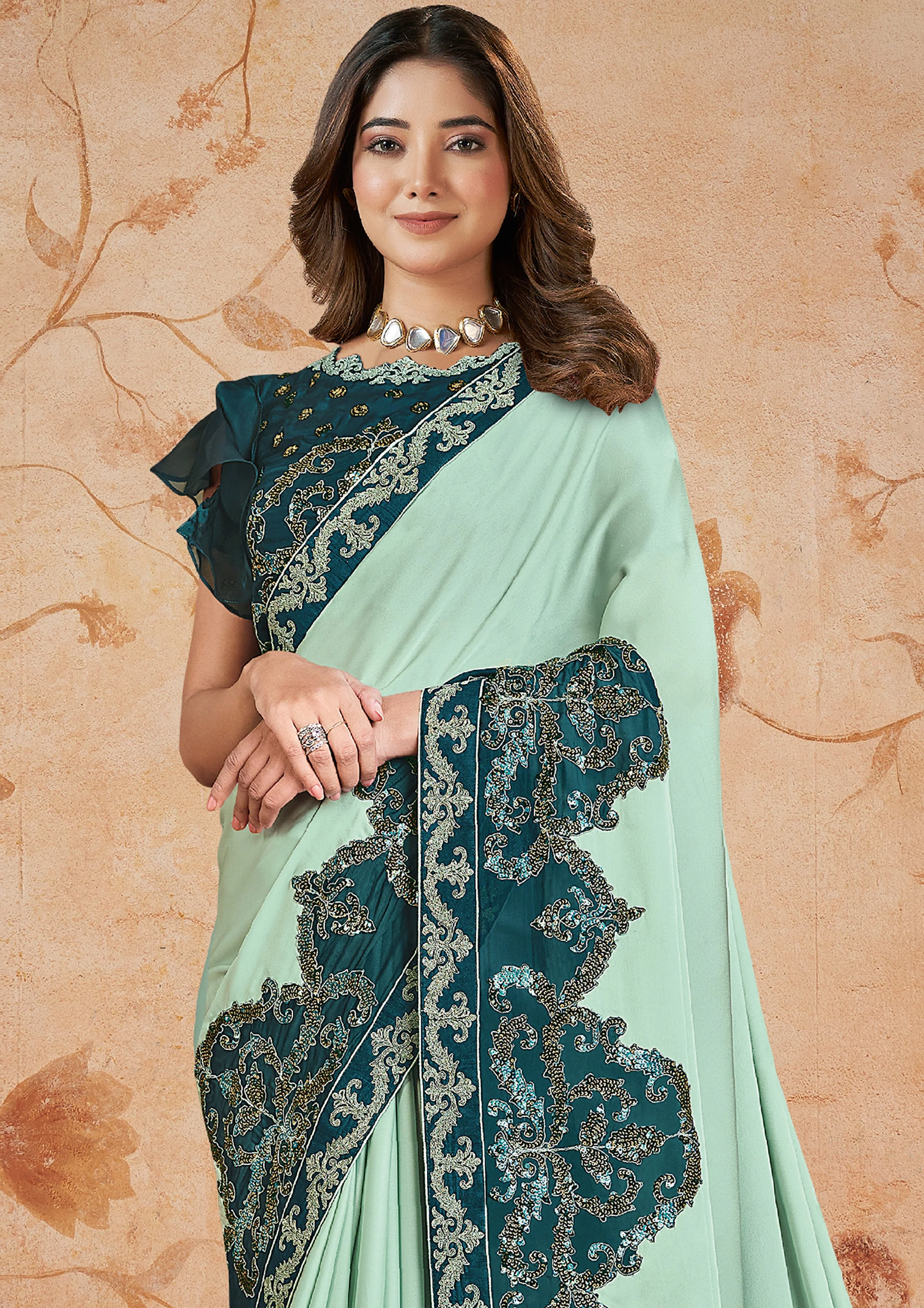 Seafoam Embroidered Georgette Silk Saree - Image 6