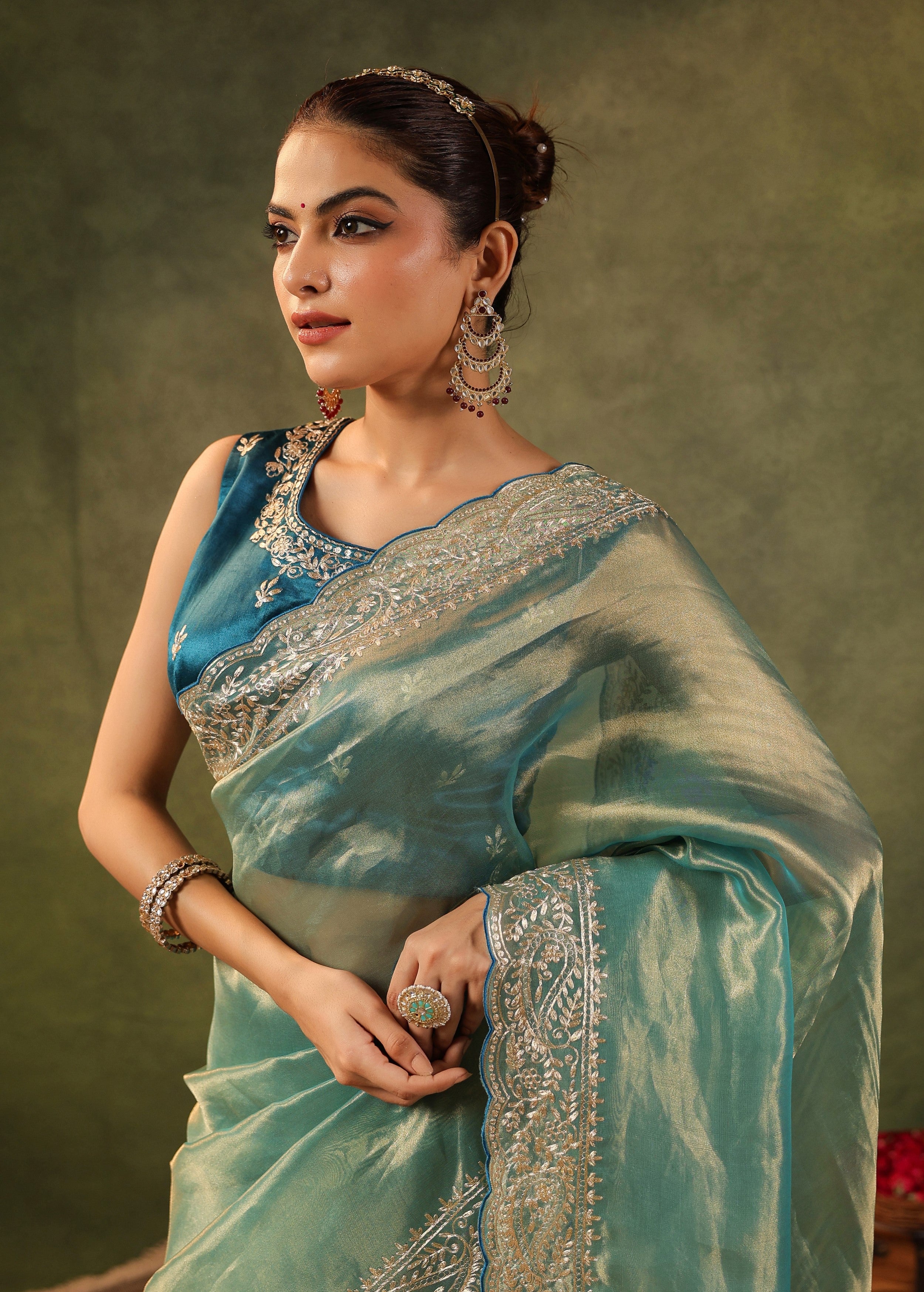 Sea Green Embroidered Organza Silk Saree - Image 2